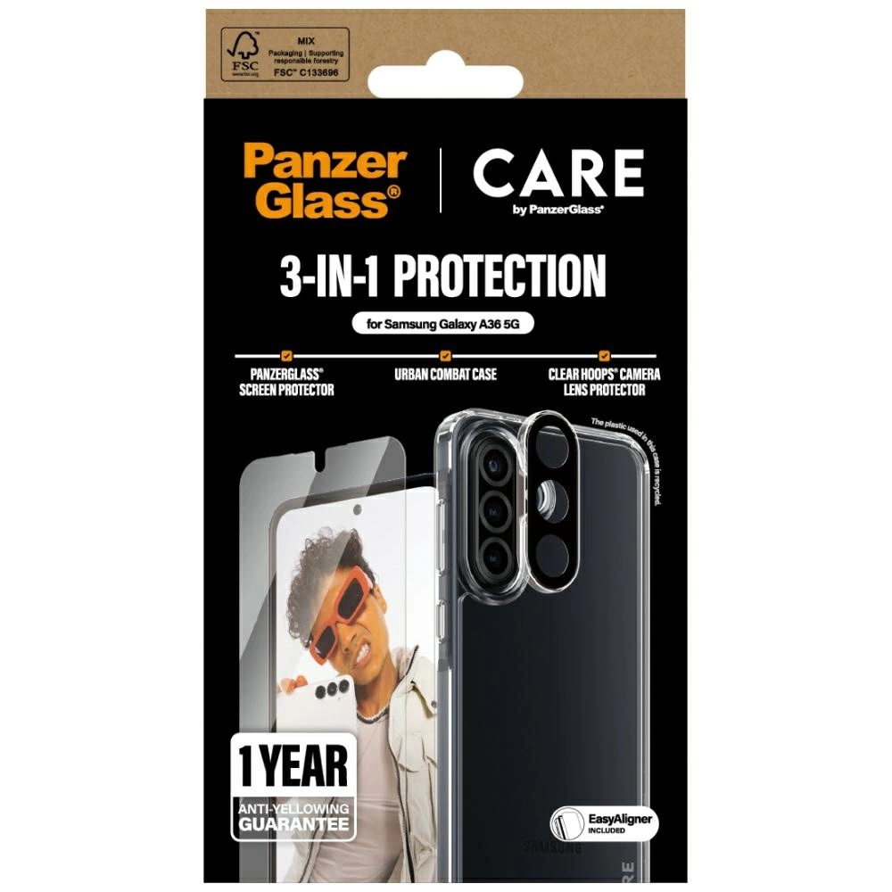 Confezione per Samsung Galaxy A36 5G con protezione schermo, custodia e protezione lente. Marchio PanzerGlass, colori nero e trasparente.
