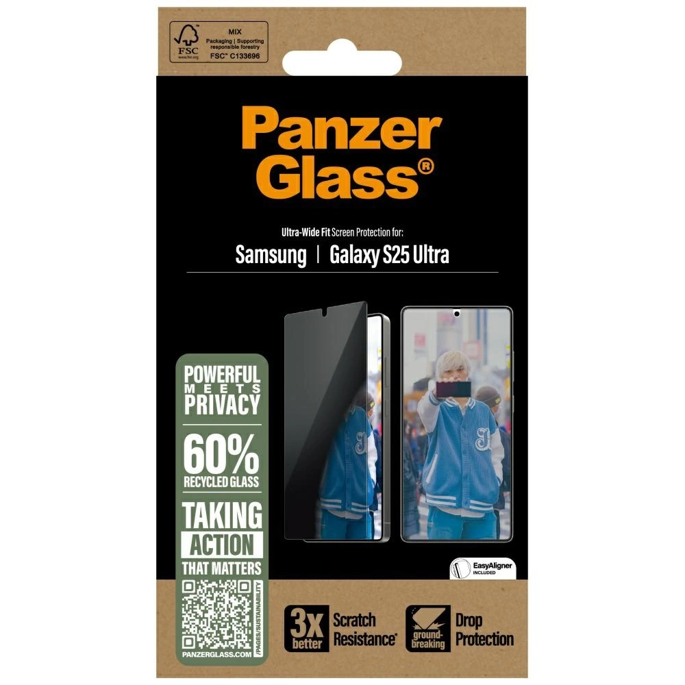 Emballage pour protecteur d'écran Panzer Glass. Comprend du texte comme 'Samsung Galaxy S25 Ultra', '60% verre recyclé' et des images du produit.