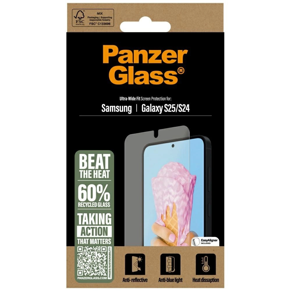 Embalaje para protector de pantalla Panzer Glass. Presenta un teléfono con un protector de pantalla aplicado y texto sobre sus características.