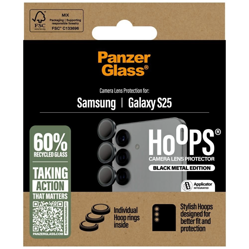 Confezione per protezione lenti fotocamera Samsung Galaxy S25. Contiene 60% vetro riciclato e la scritta 'Hoops'.