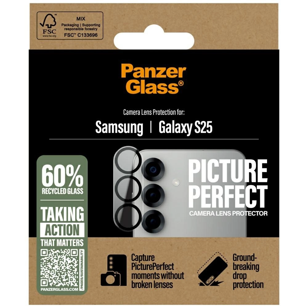 Confezione per protezione lenti fotocamera Samsung Galaxy S25. Logo Panzer Glass, 60% vetro riciclato e icone per la protezione dalle cadute.