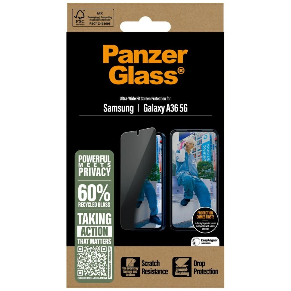 Una confezione di protezione schermo PanzerGlass per Samsung Galaxy A36 5G. Include un telefono con protezione schermo.