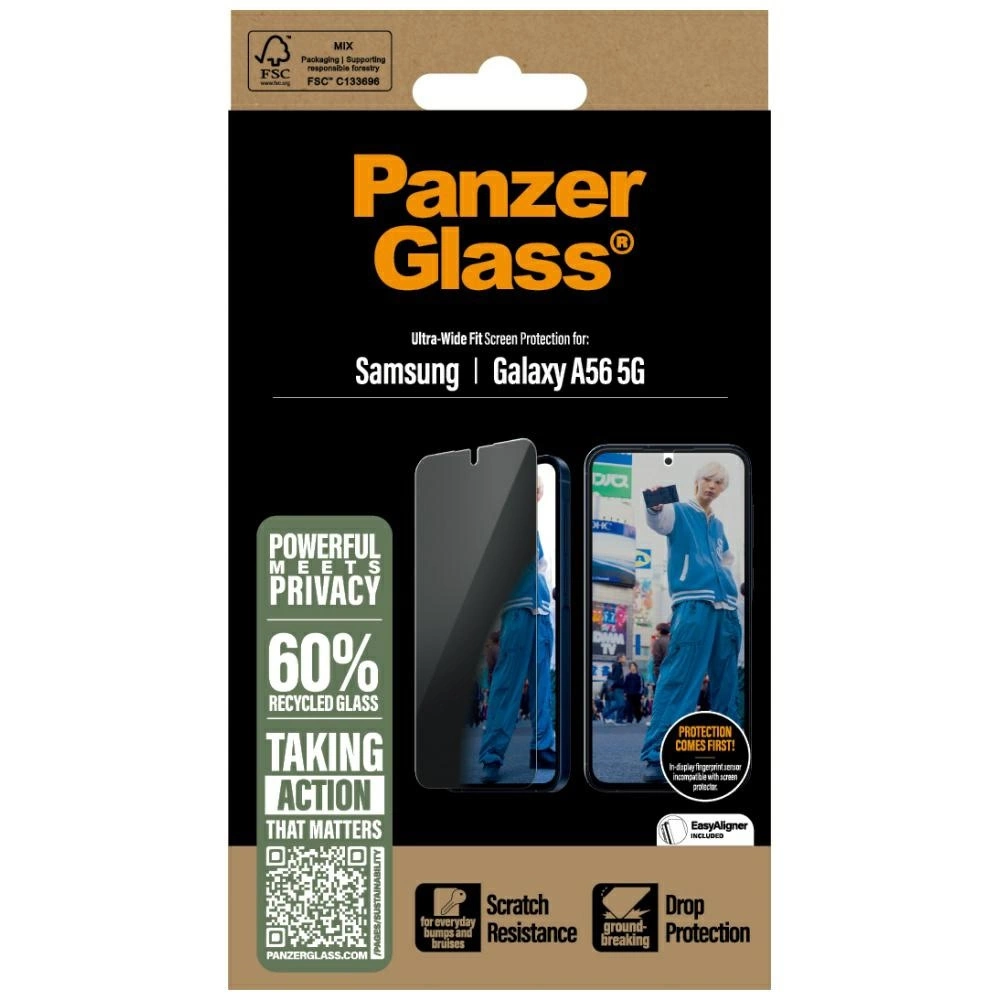 Una confezione di protezione schermo PanzerGlass per un Samsung Galaxy A56 5G. Immagine del telefono e testo sulla protezione.