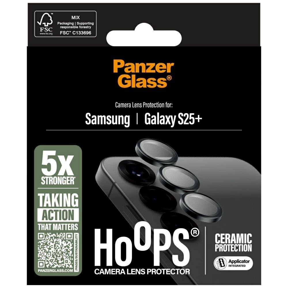 Una scatola di protezione per lenti del telefono con il logo Panzer Glass e un'immagine del telefono con lenti della fotocamera. Testo: Protezione lenti per Samsung.
