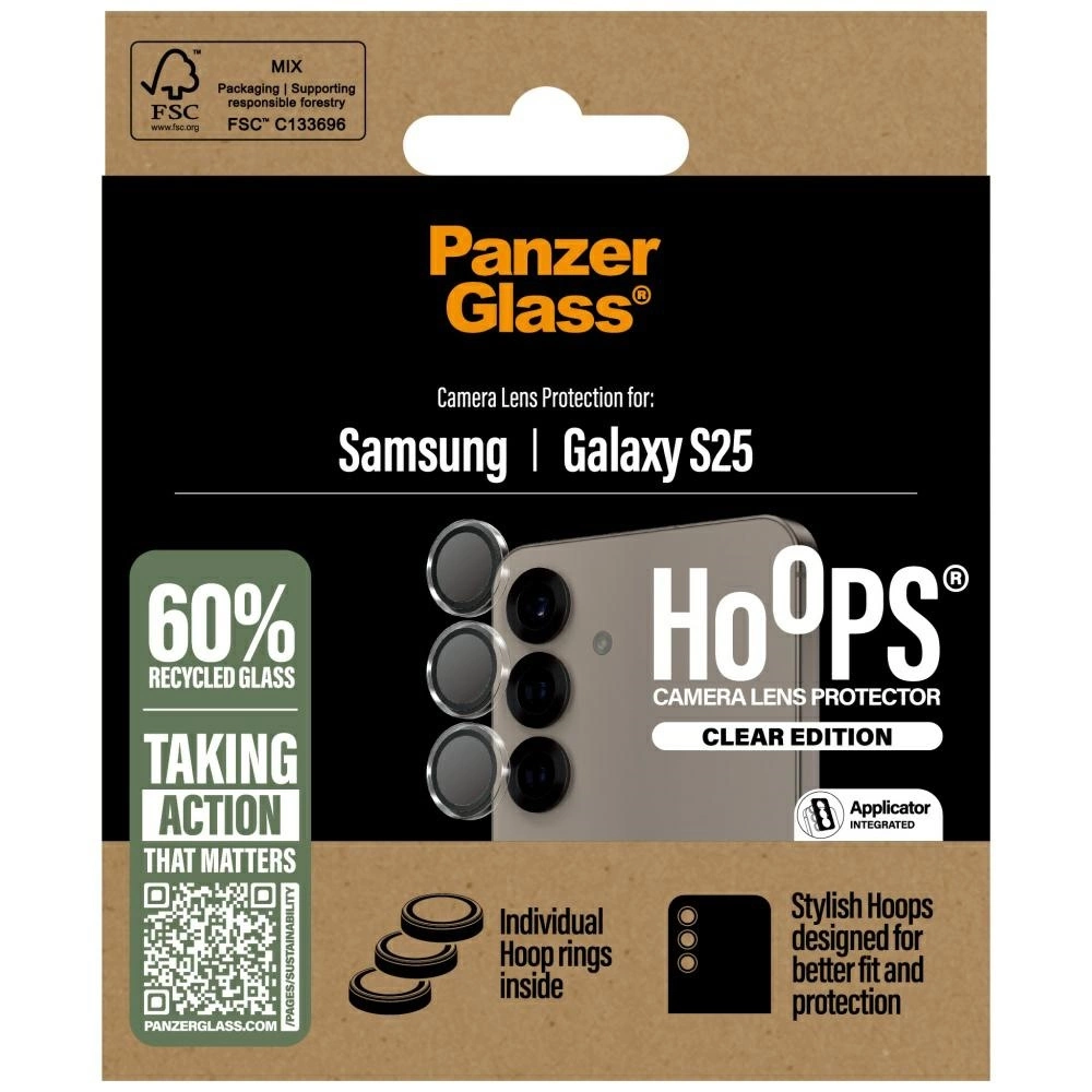 Confezione per protezione lenti fotocamera Samsung Galaxy S25. Caratteristiche: 60% vetro riciclato, edizione 'Hoops' Clear.