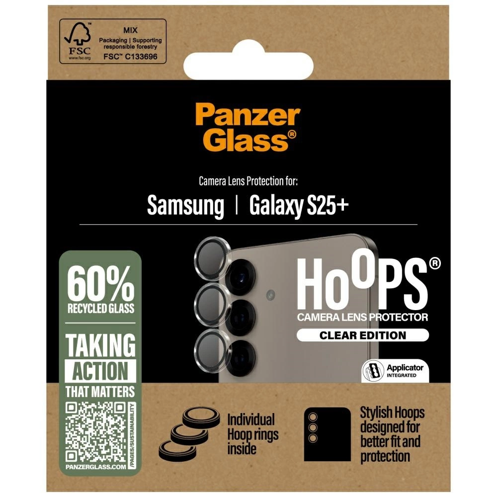 Confezione per la protezione della lente della fotocamera Samsung Galaxy S25+. Logo PanzerGlass, dettagli e 'Hoops' clear edition.