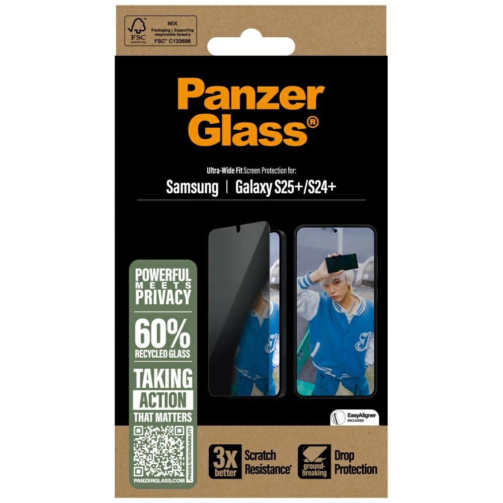 Confezione del proteggi schermo Panzer Glass. Protegge Samsung Galaxy S25+/S24+. Include privacy, vetro riciclato e protezione dalle cadute.