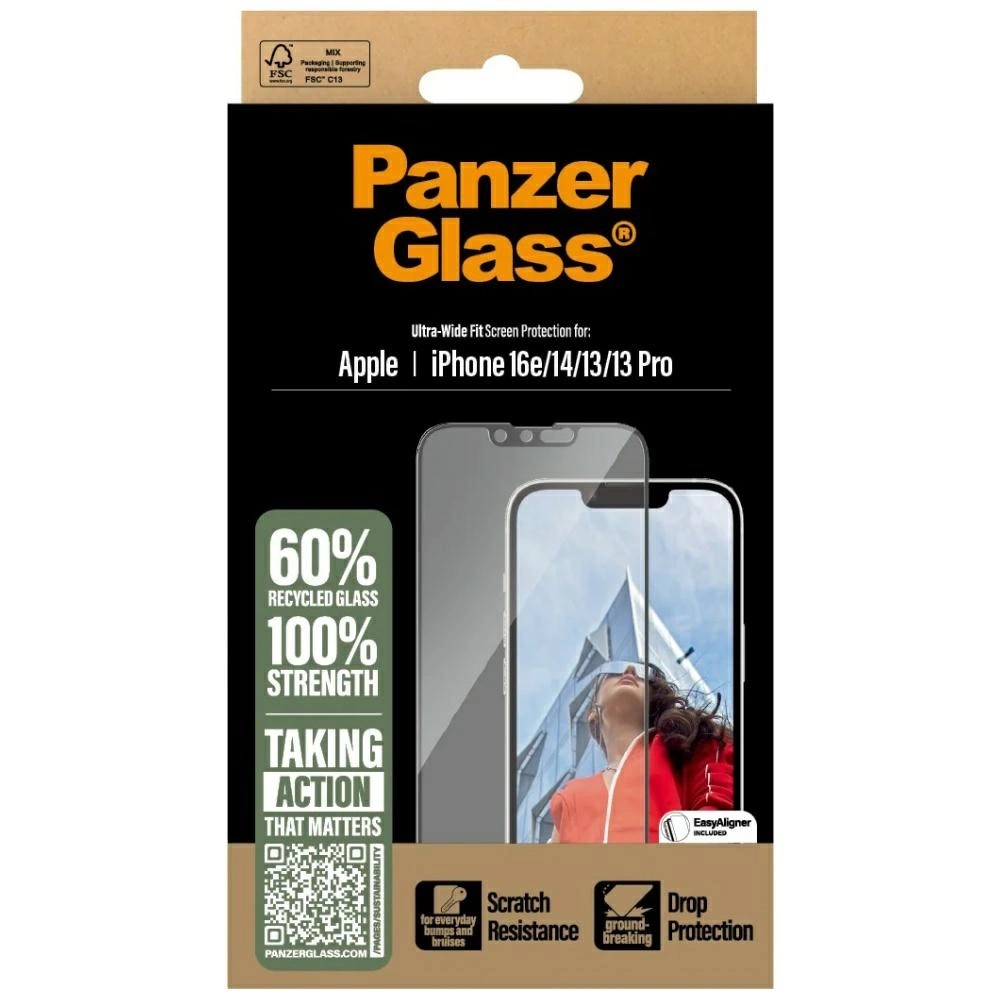 Opakowanie PanzerGlass. Pokazuje osłonę ekranu dla iPhone'ów. Reklamuje 60% szkła z recyklingu, 100% wytrzymałości i ochronę przed upadkiem.