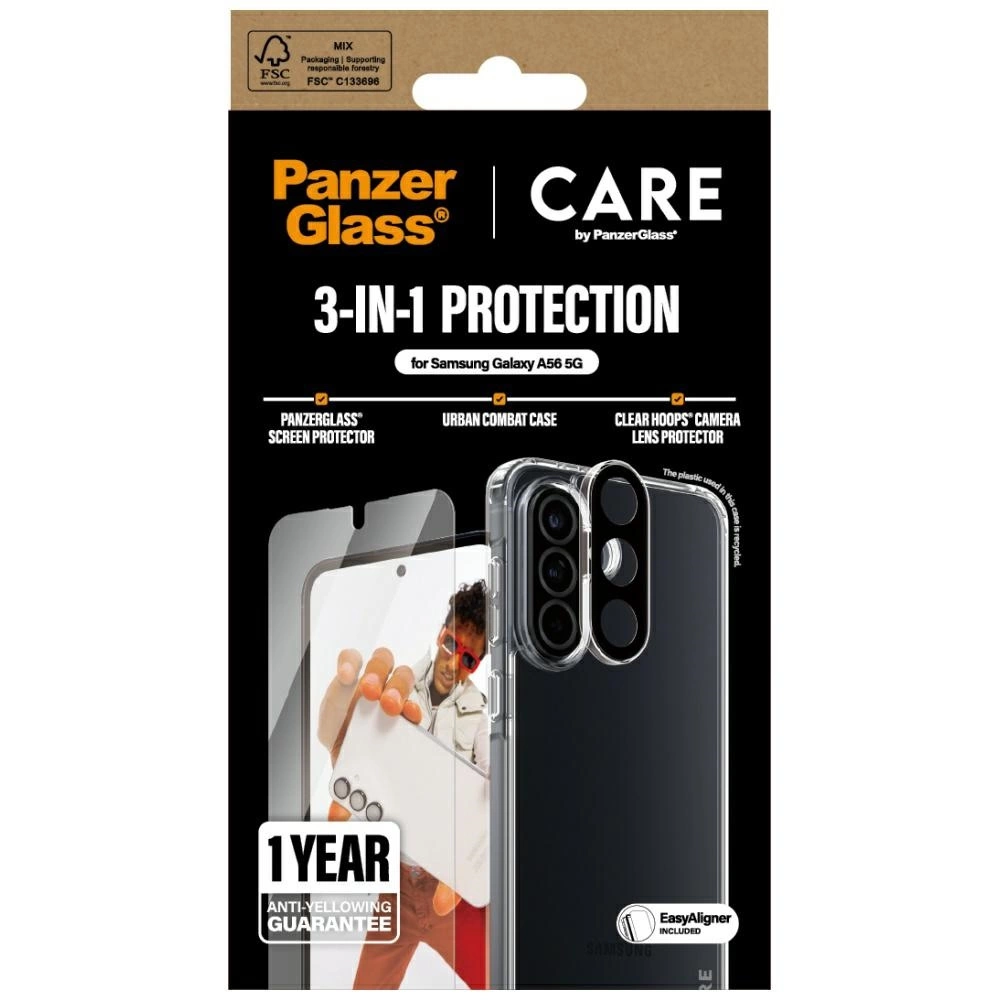 Confezione per Samsung Galaxy A56 5G con protezione schermo, custodia e protezione lente. Presenta una persona e il testo: Protezione 3-in-1.