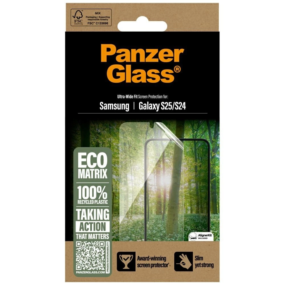 Opakowanie ochraniacza ekranu PanzerGlass. Do Samsung Galaxy S25/S24. Ekologiczne, ze 100% plastiku z recyklingu.
