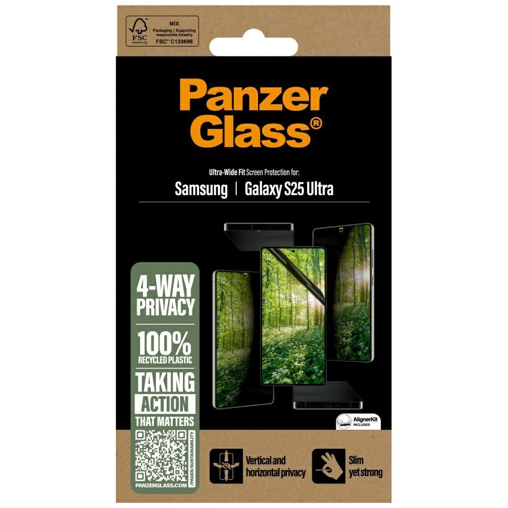 Confezione per protezione schermo Samsung Galaxy S25 Ultra. Presenta logo PanzerGlass, privacy a 4 vie e plastica riciclata al 100%.