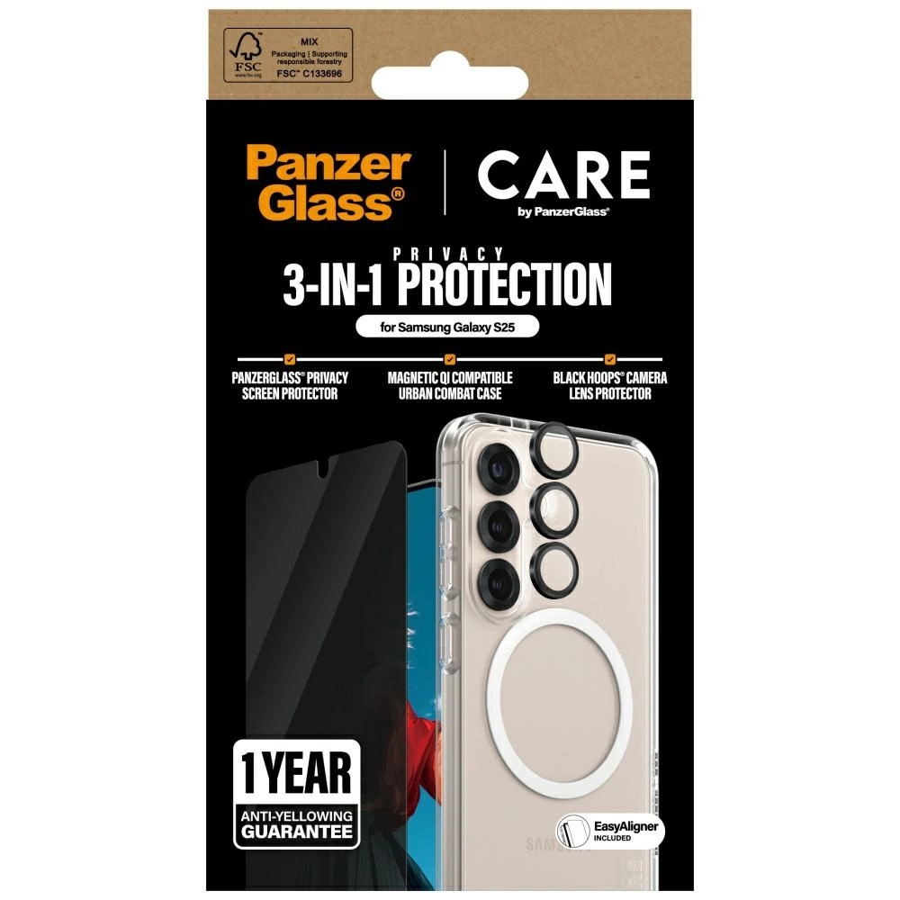 Opakowanie do ochrony Samsung Galaxy S25, w tym ochrona ekranu, etui i ochrona obiektywu. Czarny i przezroczysty design.