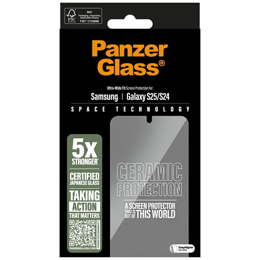 Une boîte de protection d'écran PanzerGlass. Elle porte le nom de la marque, des informations sur le produit et indique une protection céramique pour Samsung Galaxy S25/S24.