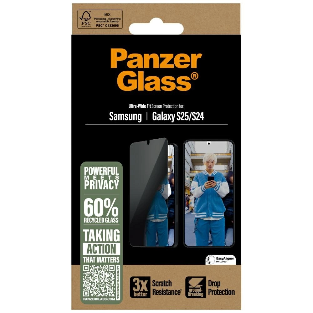 Verpakking voor Panzer Glass schermbeschermer. Toont een persoon met een telefoon. Tekst bevat 'Privacy', 'Samsung' en 'Galaxy'.