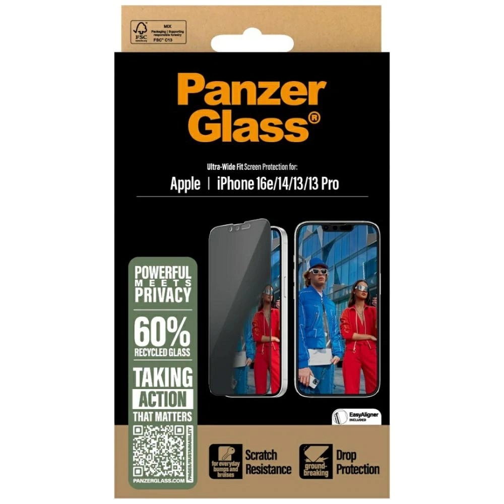 Scatola del proteggi schermo PanzerGlass. Caratteristiche: privacy, resistenza ai graffi e protezione dalle cadute per iPhone 16e/14/13/13 Pro.