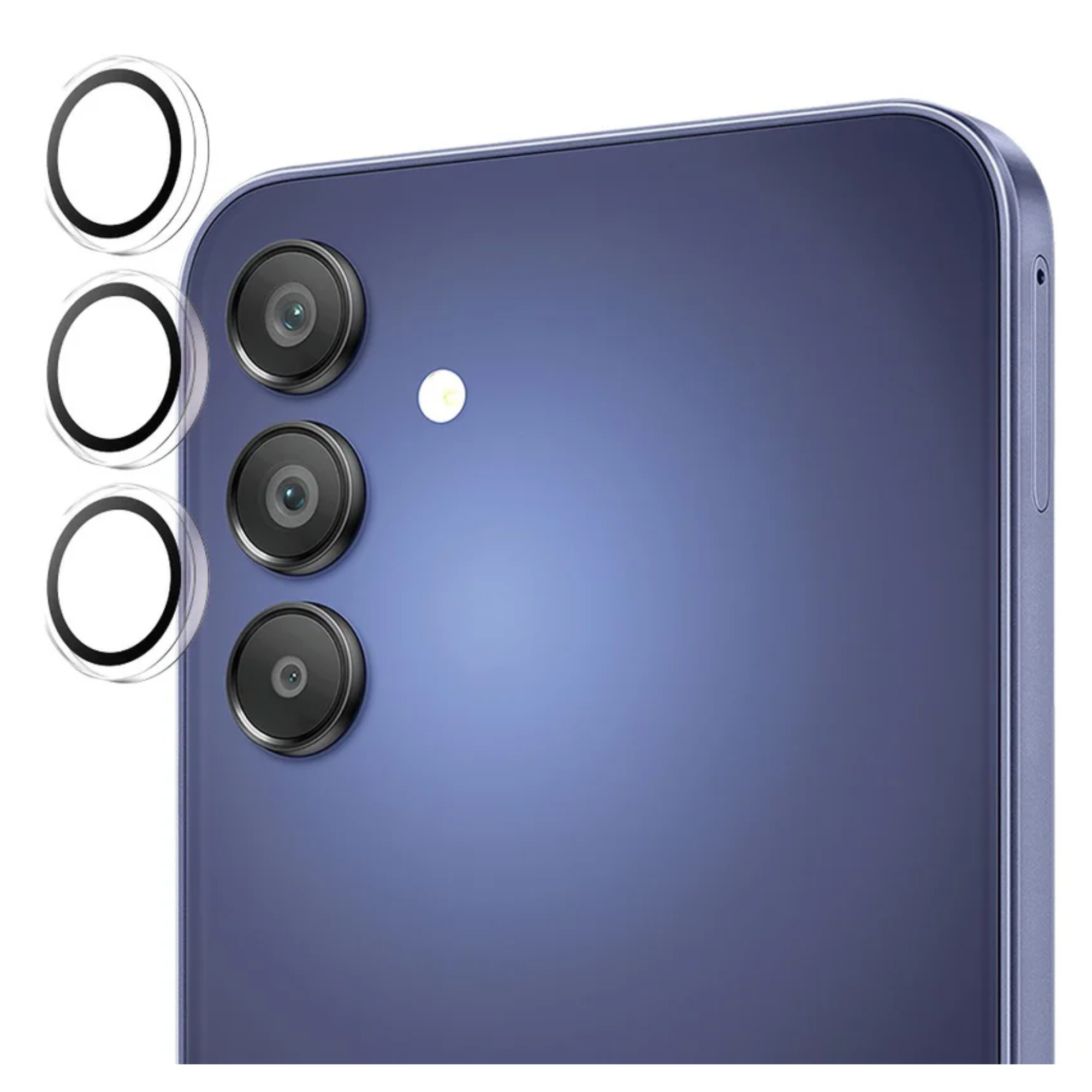Achteraanzicht van een blauwe telefoon met drie camera's en een flitser. Beschermende lensdoppen zijn erboven.