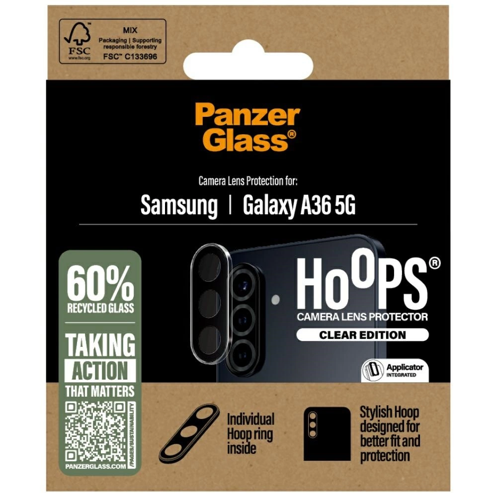 Confezione per protezione lenti fotocamera Samsung Galaxy A36 5G. Presenta il marchio 'PanzerGlass', il nome del prodotto 'Hoops' e '60% vetro riciclato'.