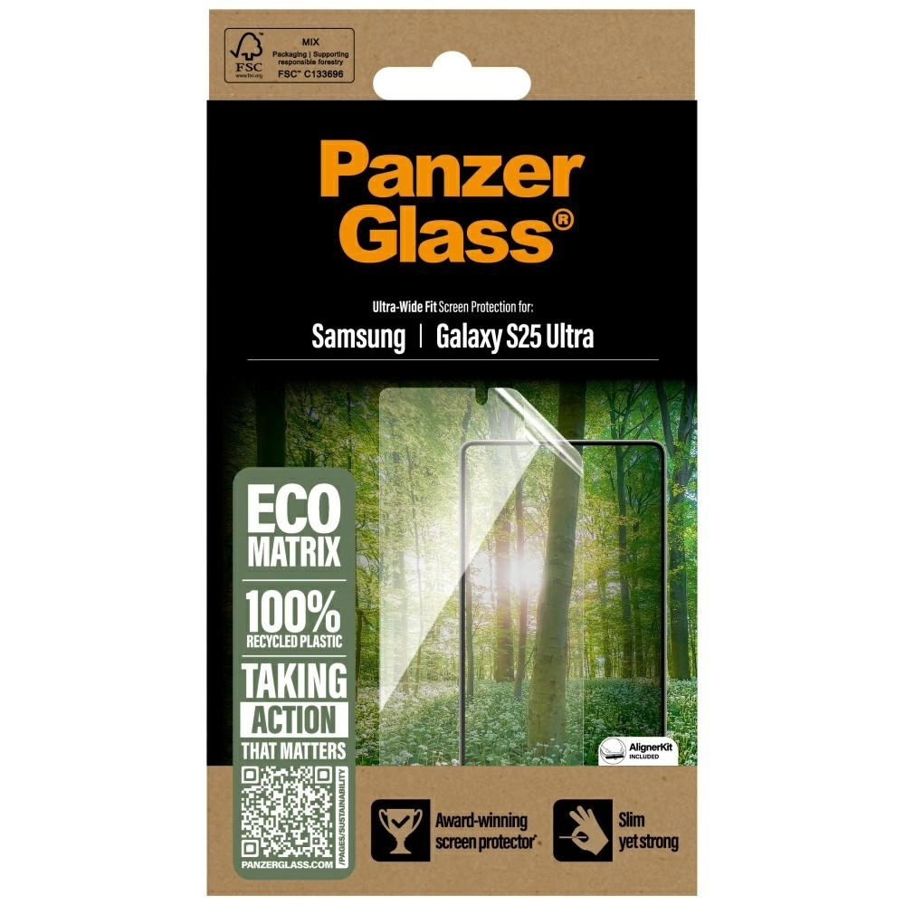 PanzerGlass schermbeschermer verpakking. Beschermt Samsung Galaxy S25 Ultra, gemaakt van gerecycled plastic. Met bosachtergrond.