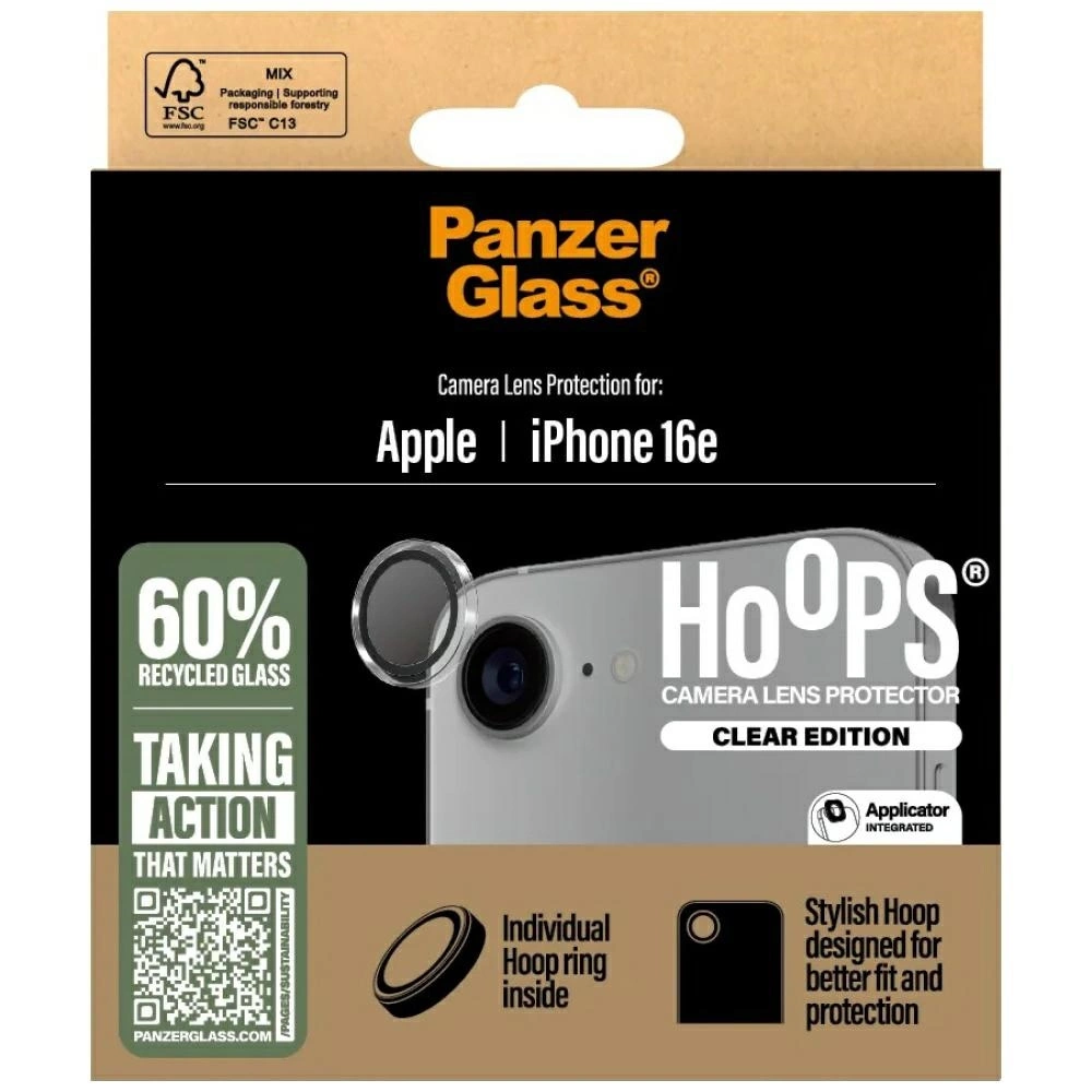 Una scatola Panzer Glass per la protezione dell'obiettivo della fotocamera iPhone 16e. Include vetro riciclato al 60%, un anello e un applicatore.
