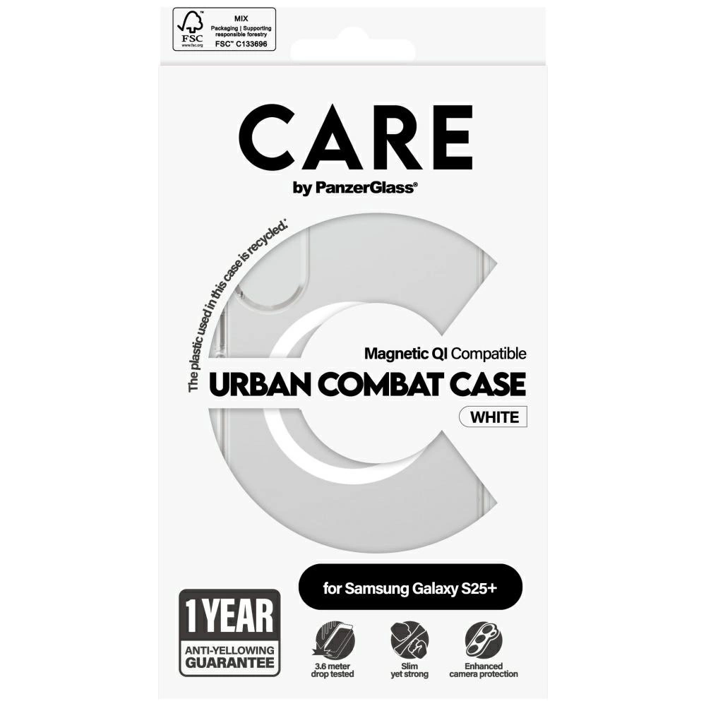 Confezione bianca per custodia del telefono. Il testo recita 'CARE by PanzerGlass'. È una 'URBAN COMBAT CASE' per Samsung Galaxy S25+.