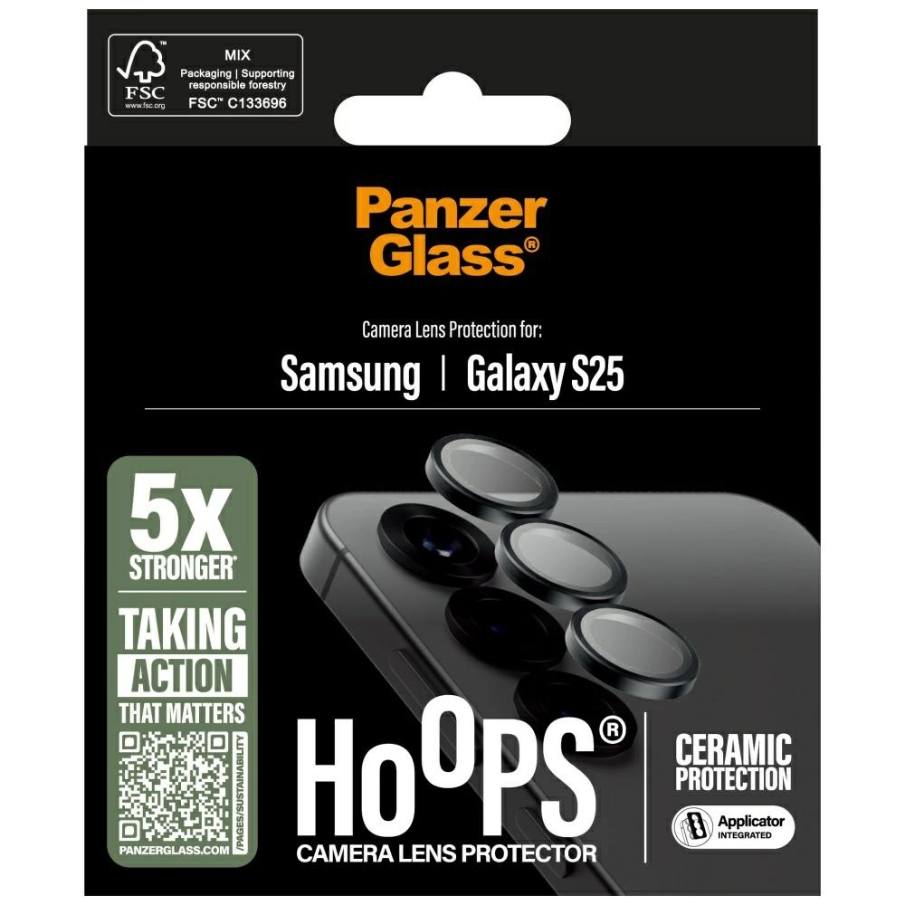 Confezione nera con logo Panzer Glass. Mostra la protezione per l'obiettivo della fotocamera per Samsung Galaxy S25. Con 'Hoops'.