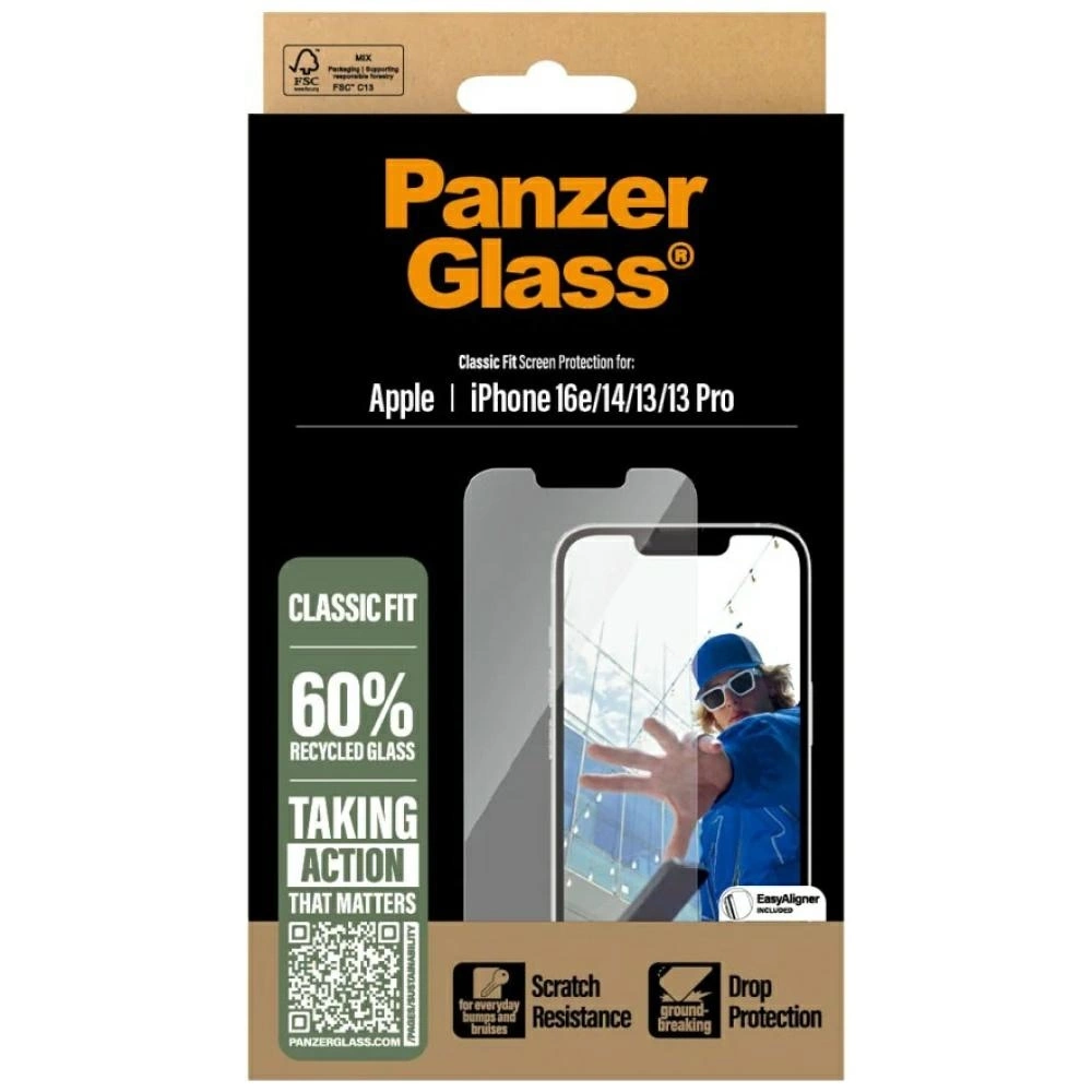 PanzerGlass schermbeschermer doos. Zwarte en bruine verpakking. Toont een persoon met zonnebril. Tekst bevat '60% gerecycled glas'.