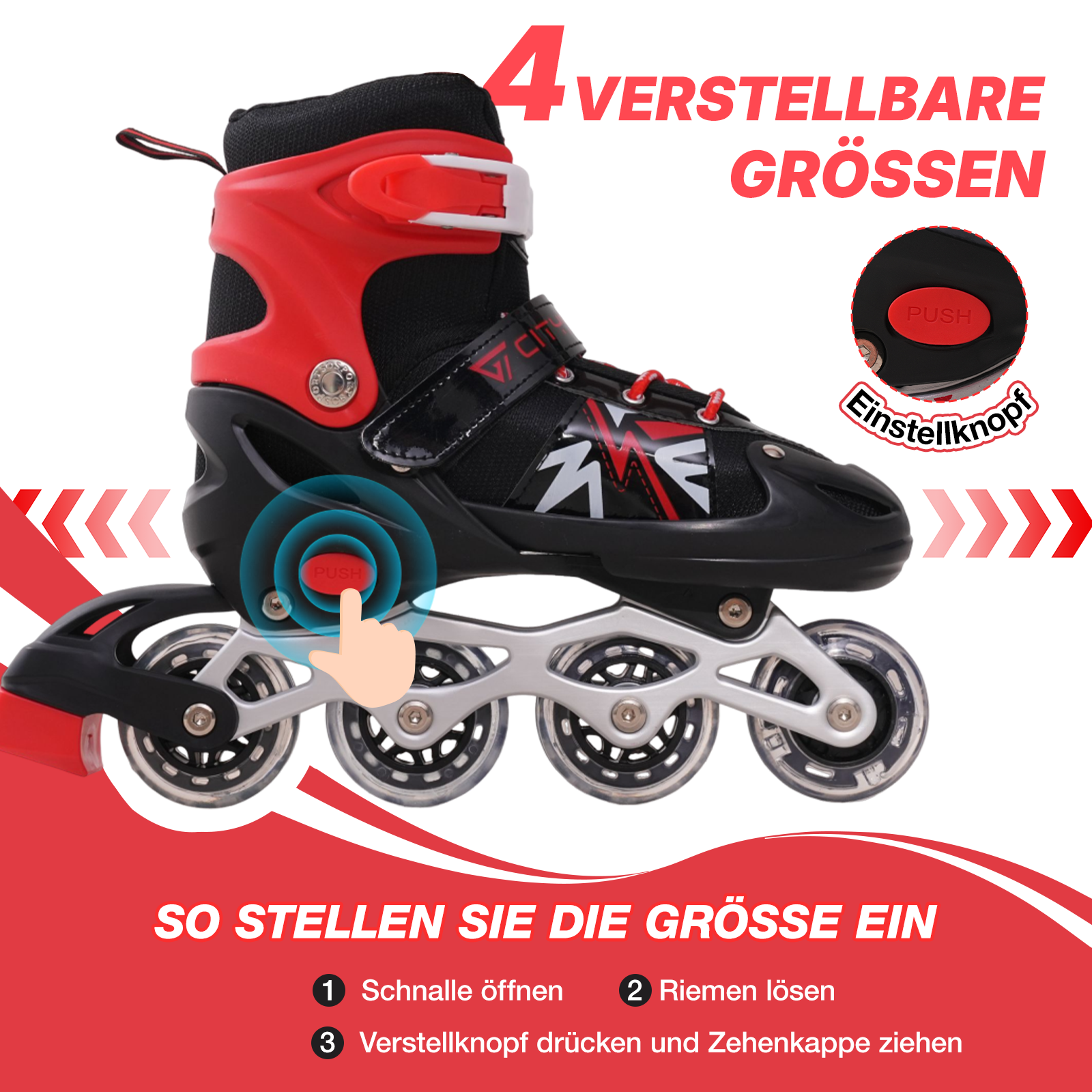 Roter und schwarzer Inline-Skate mit verstellbaren Größen. Anleitung: Schnalle öffnen, Riemen lösen, Knopf drücken.