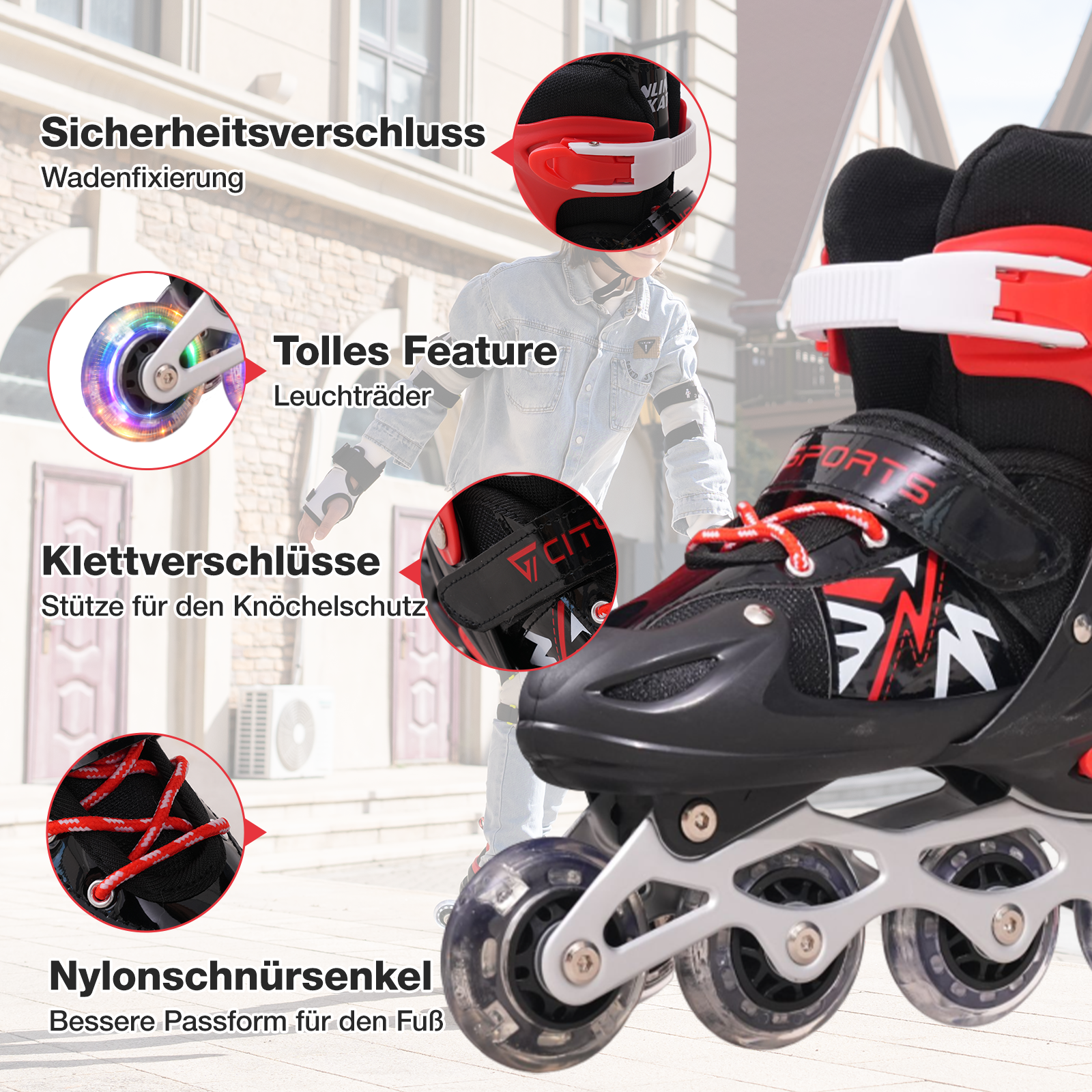 Schwarze und rote Inline-Skates mit leuchtenden Rädern. Merkmale sind Sicherheitsverschlüsse, Klettbänder und Nylonschnürsenkel.