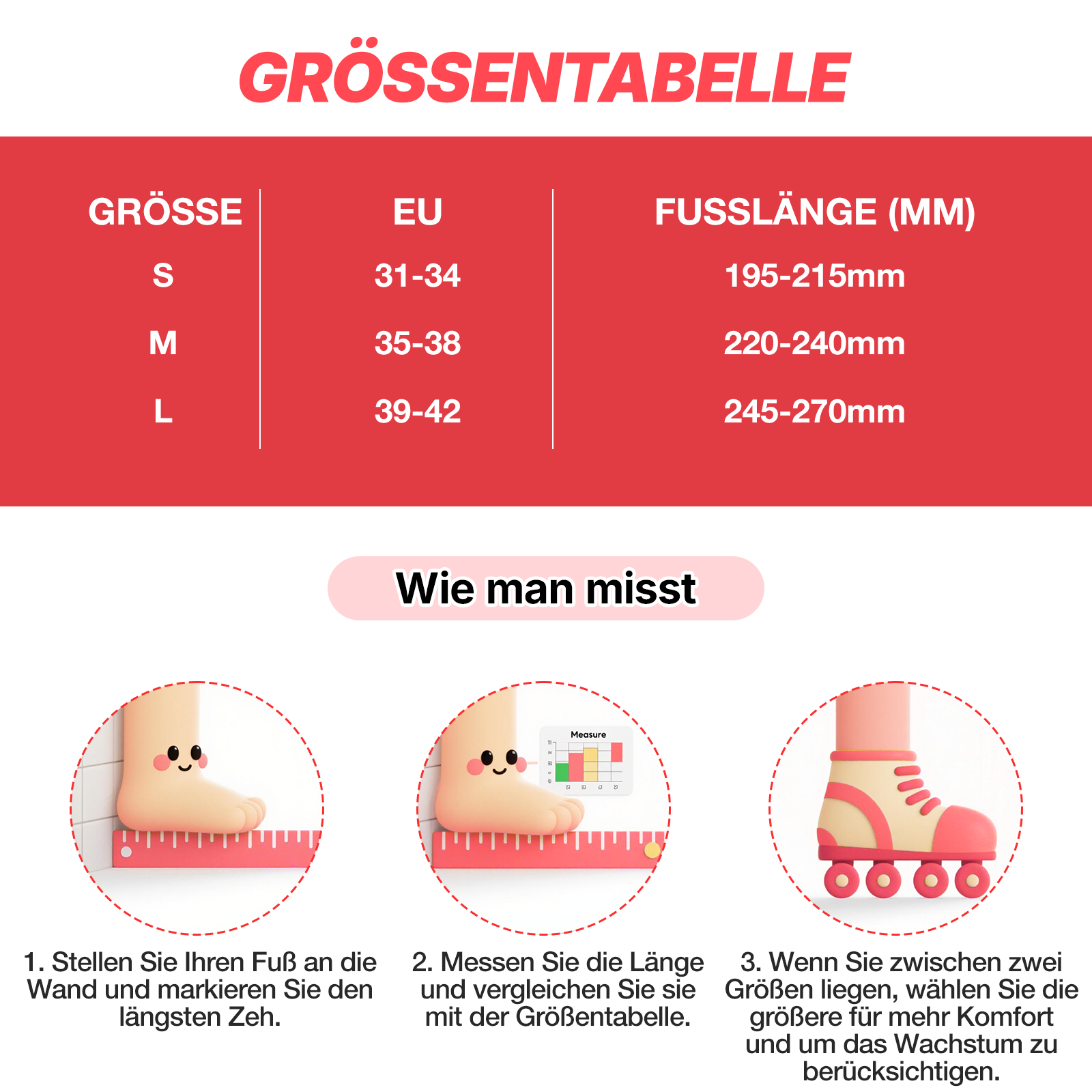 Größentabelle mit Schuhgrößen und Fußlänge. Enthält Anweisungen zum Messen der Füße für die richtige Größe.
