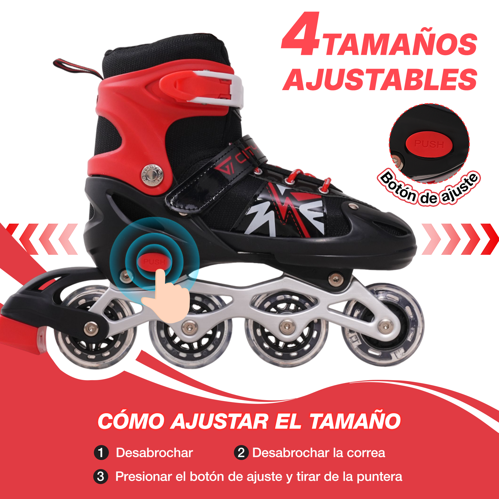 Patín en línea negro y rojo con tallas ajustables. También se muestran instrucciones para ajustar la talla.