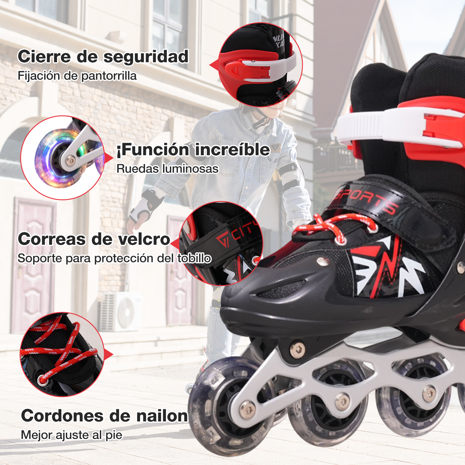 Patines en línea negros y rojos con características resaltadas: hebillas, ruedas brillantes, correas de velcro y cordones de nailon.