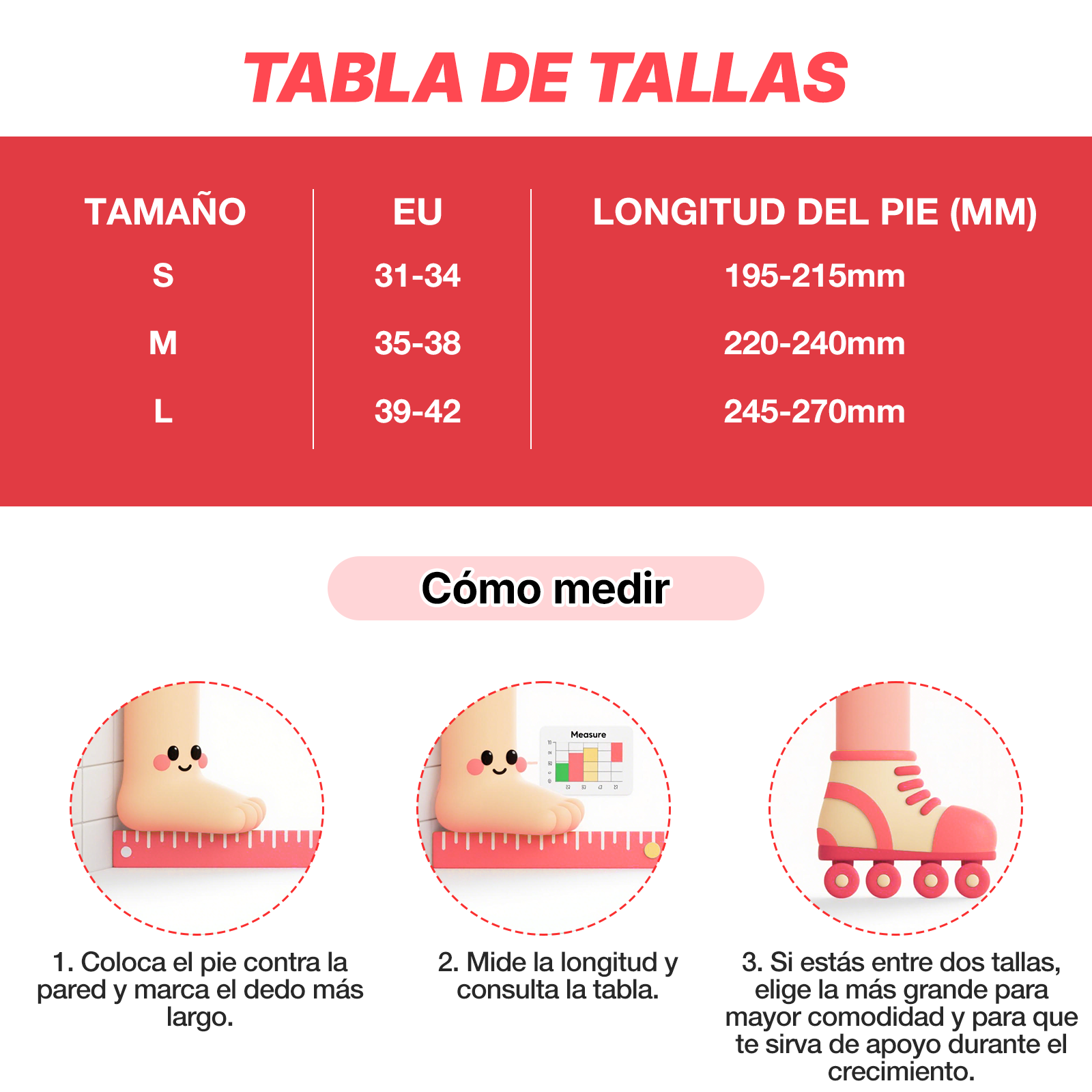 Tabla de tallas con talla, EU y longitud del pie en mm. Instrucciones sobre cómo medir el pie para la talla correcta.