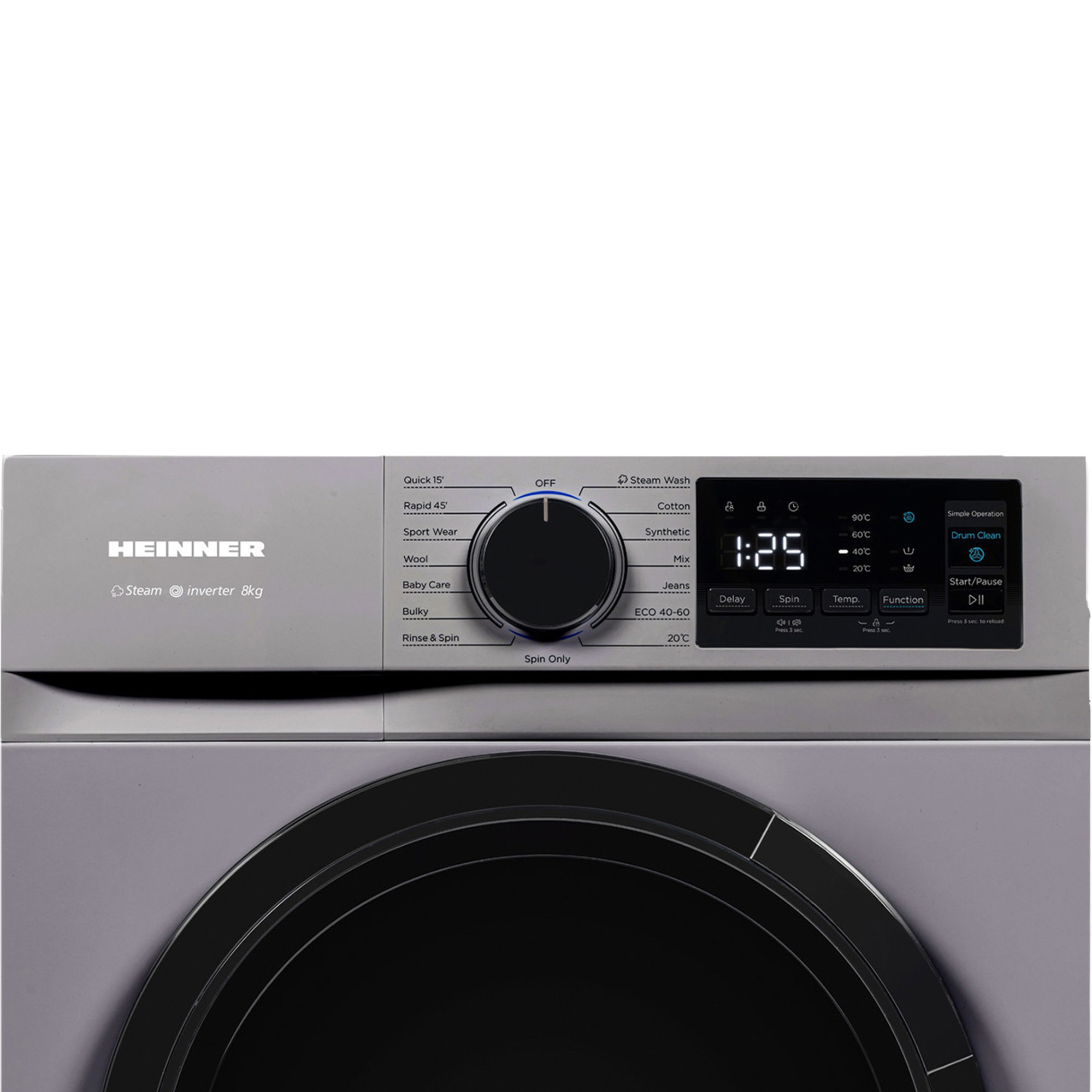 A close-up of a gray washing machine control panel with a black dial and a digital display showing 1:25.