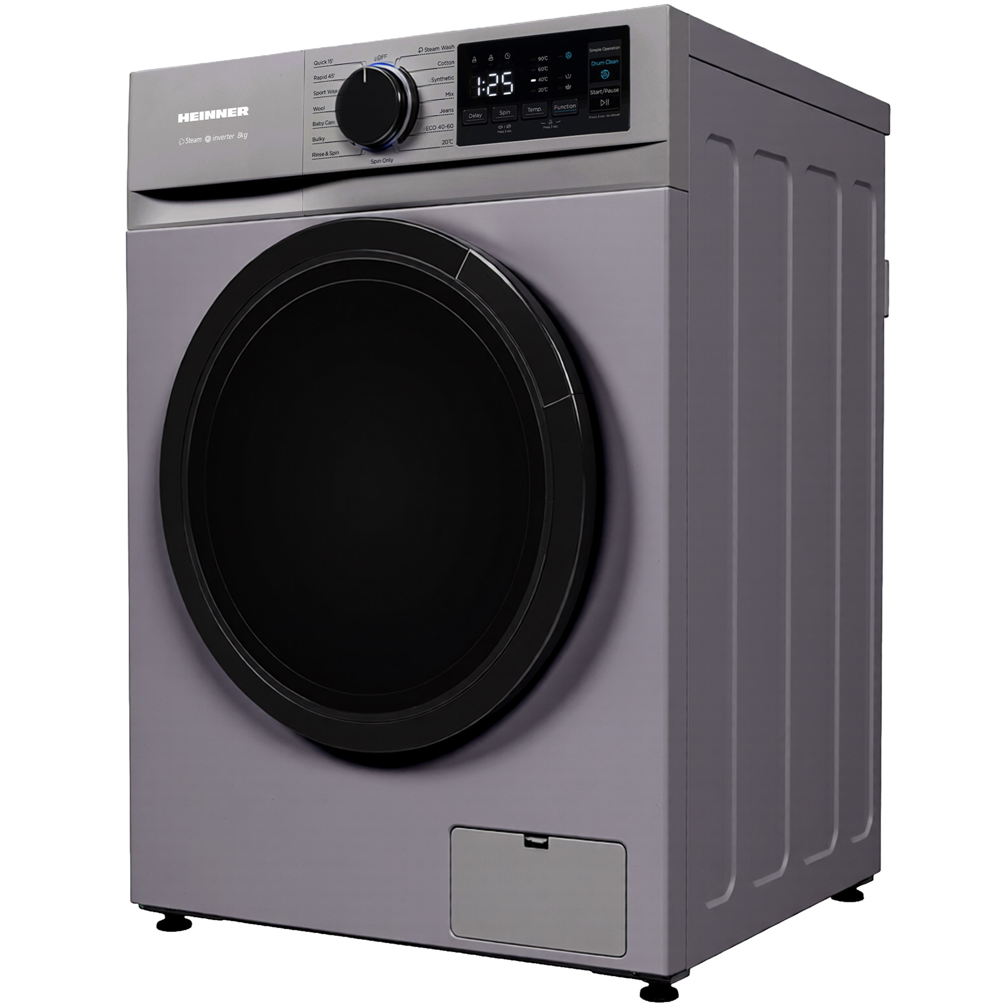A gray Heinner washing machine with a black door. It has a control panel with buttons and a digital display.