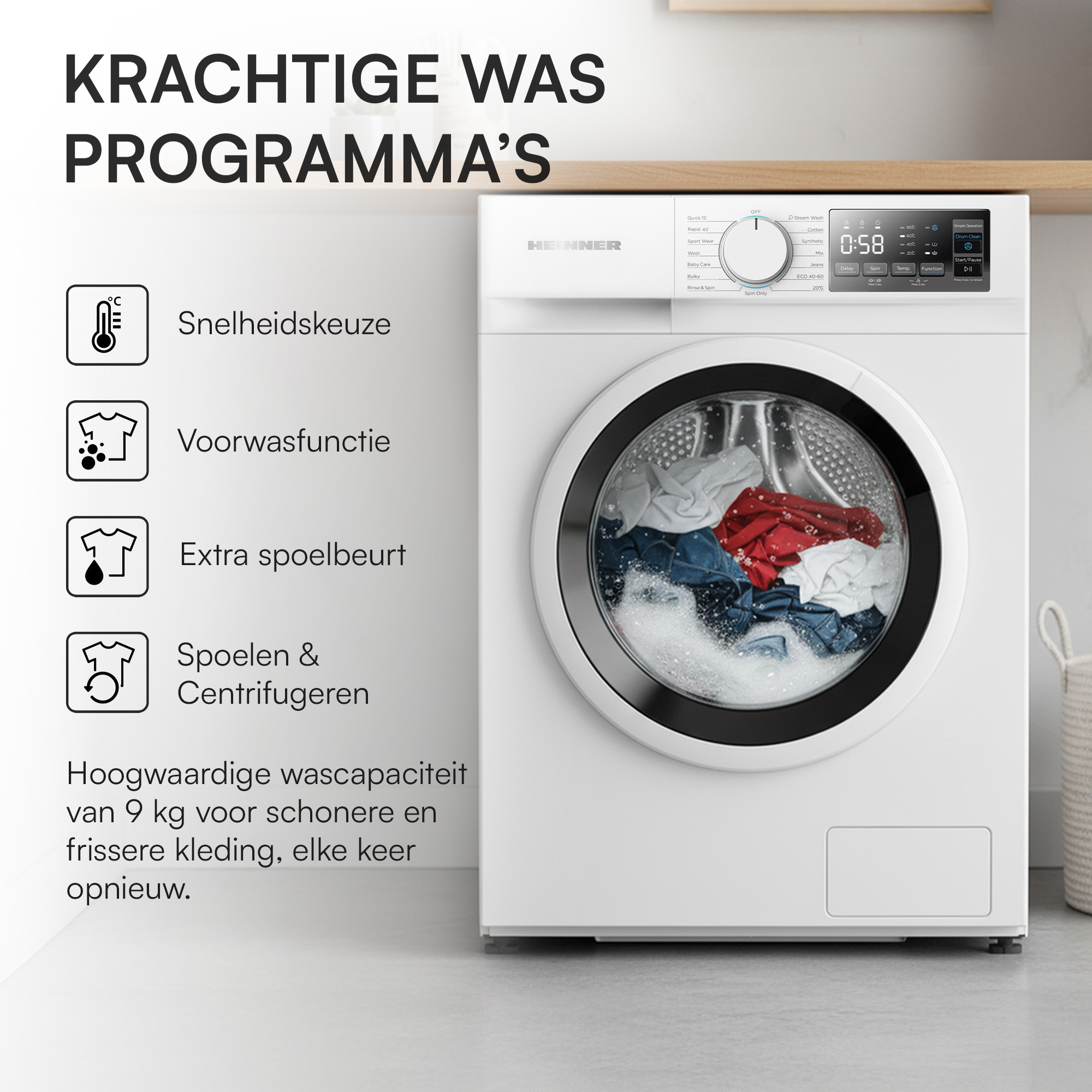 Een witte wasmachine met glazen deur, met kleding erin. Nederlandse tekst beschrijft programma's en functies.