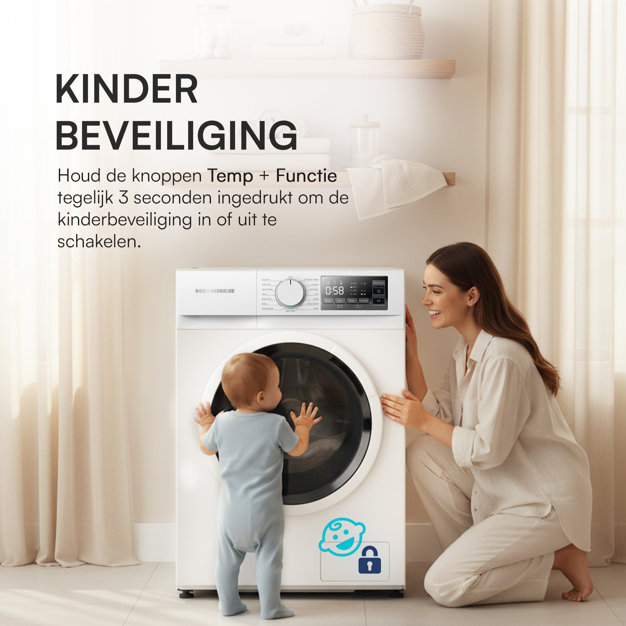 Een baby en een vrouw staan bij een wasmachine. De wasmachine heeft een kinderveiligheidssymbool.