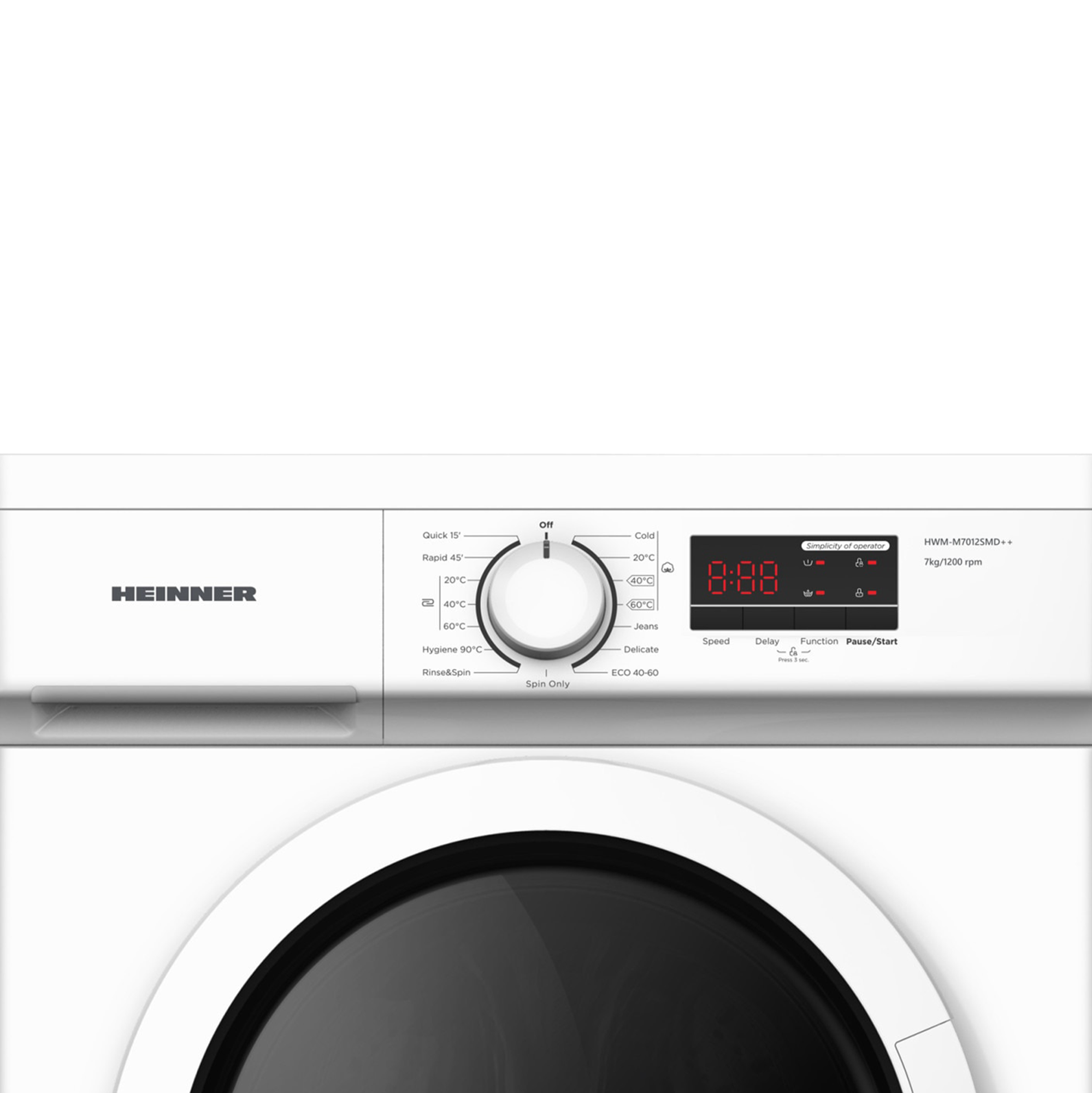 Un lave-linge blanc avec un panneau de commande et un affichage numérique. Le cadran est sur arrêt. La marque est Heinner.