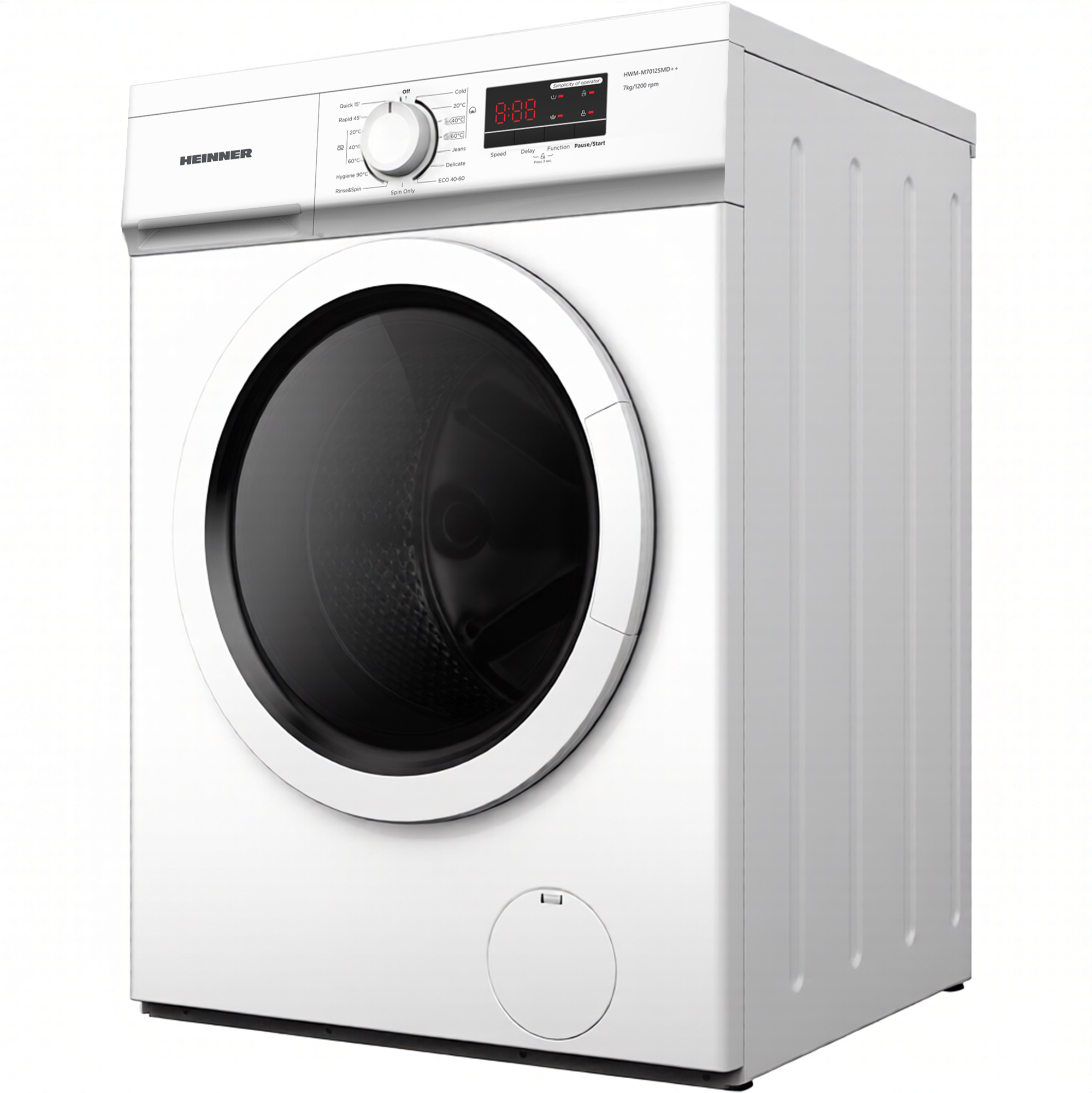 Un lave-linge blanc avec une porte noire. Il possède un affichage numérique et des molettes.