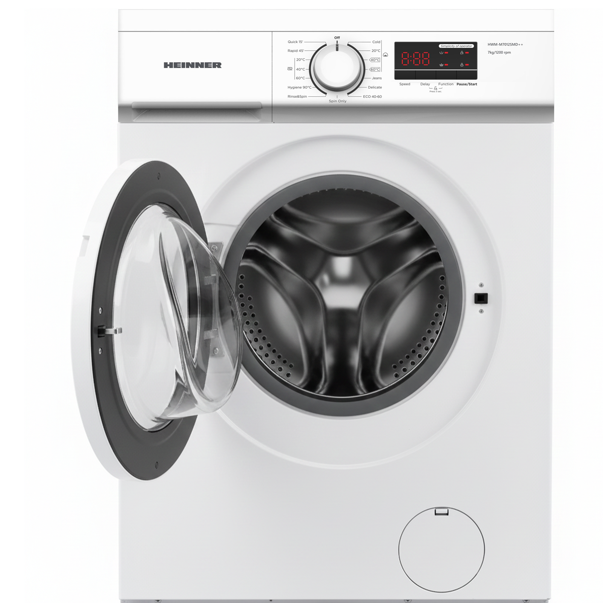 Un lave-linge blanc avec une porte ouverte. Les commandes et l'écran sont visibles. La machine porte la marque HEINNER.
