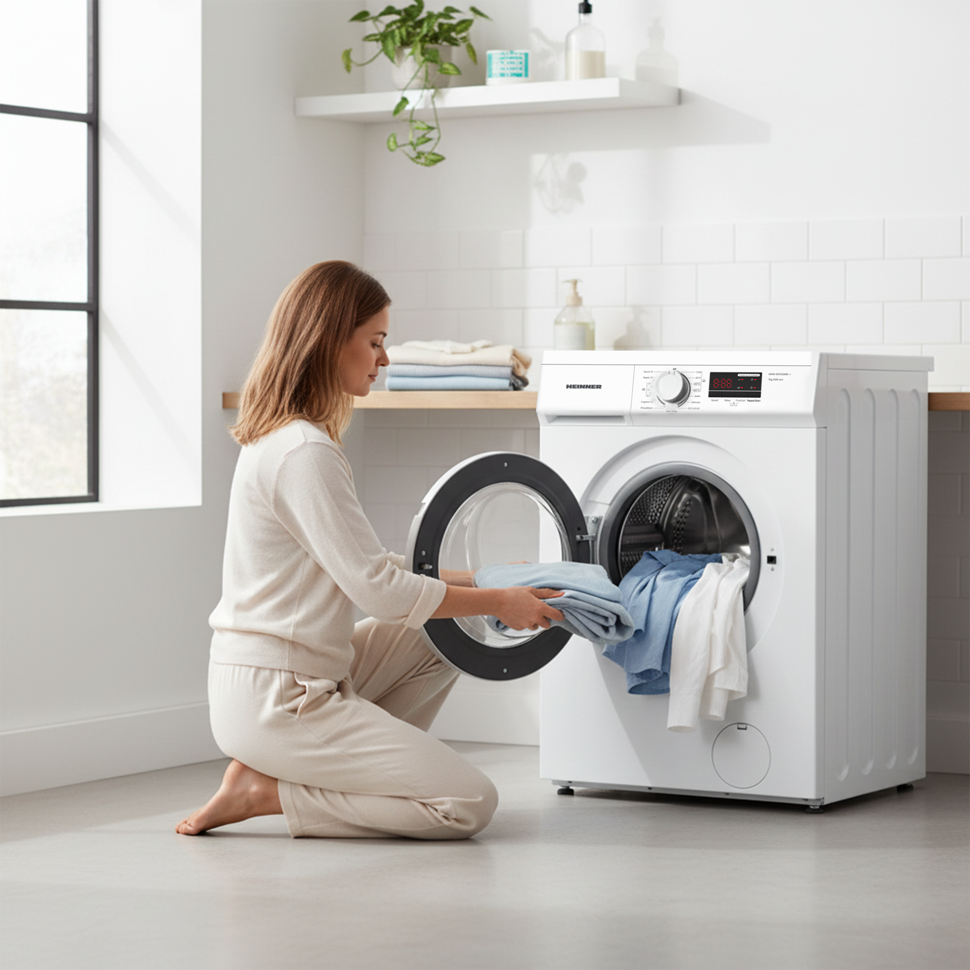 Femme met des vêtements dans un lave-linge blanc. Buanderie avec serviettes et étagère.