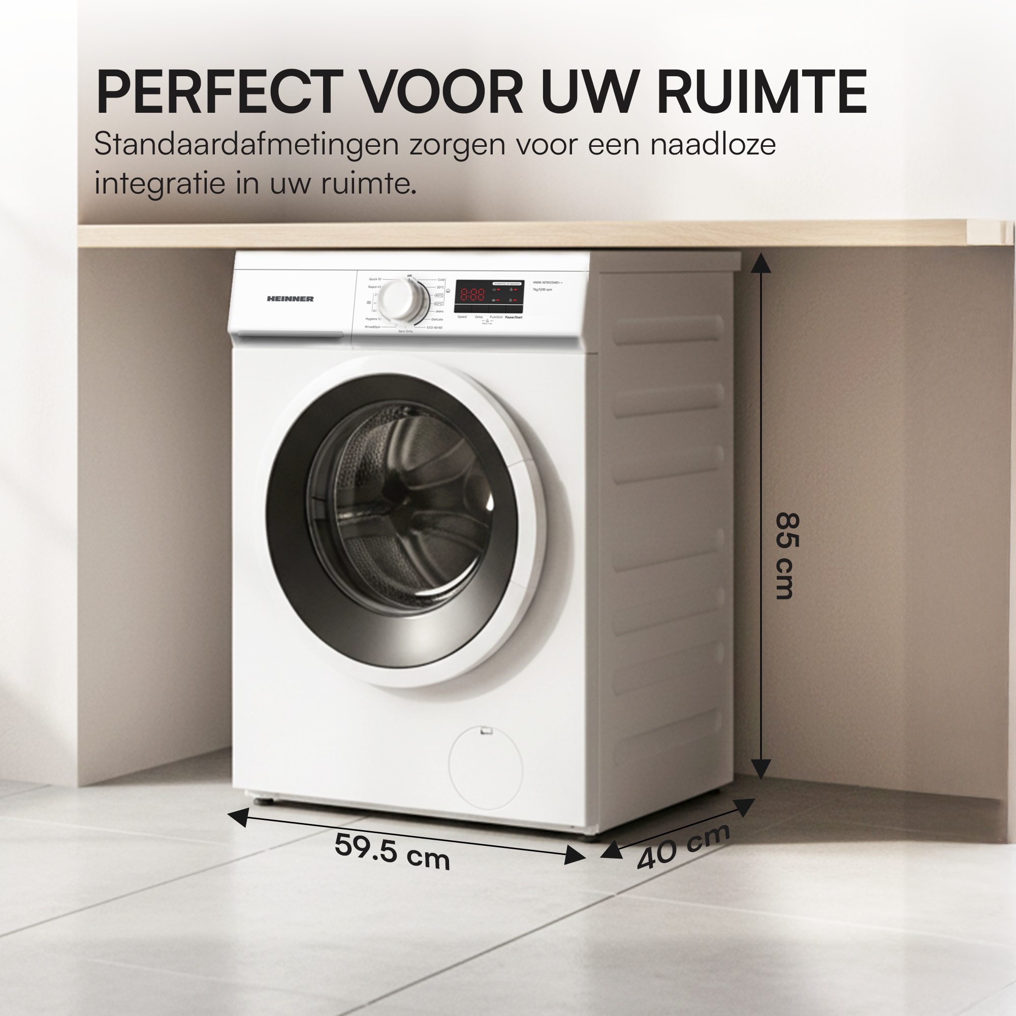 Un lave-linge blanc est sous un comptoir. Dimensions: 59,5 cm de large, 40 cm de profondeur et 85 cm de haut.