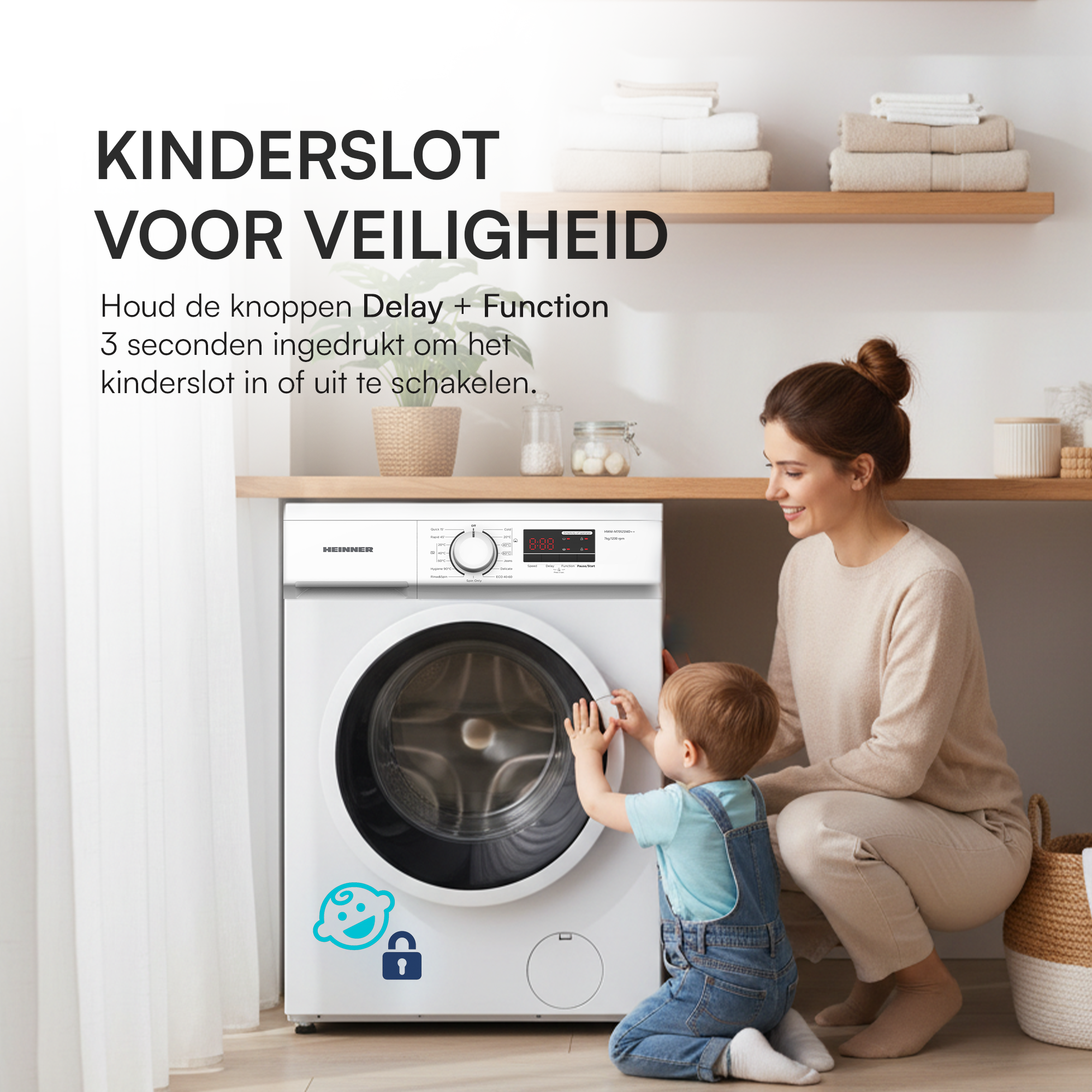 Une femme et un enfant près d'une machine à laver. Le texte dit 'verrouillage enfant'. Étagère avec des serviettes en arrière-plan.