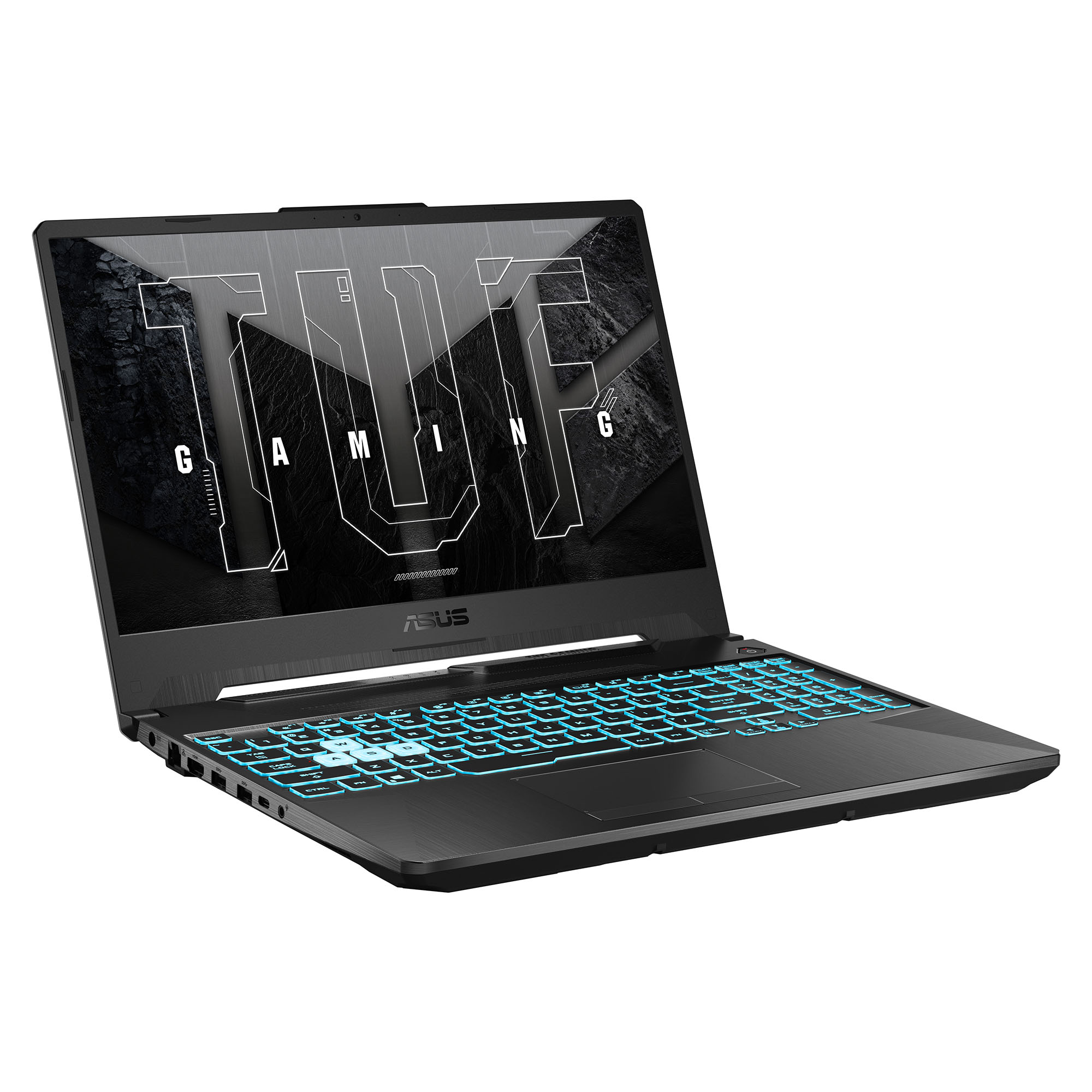 Siyah ASUS TUF oyun laptopu. Ekran TUF kelimesini gösteriyor. Klavyede mavi arka aydınlatma var.
