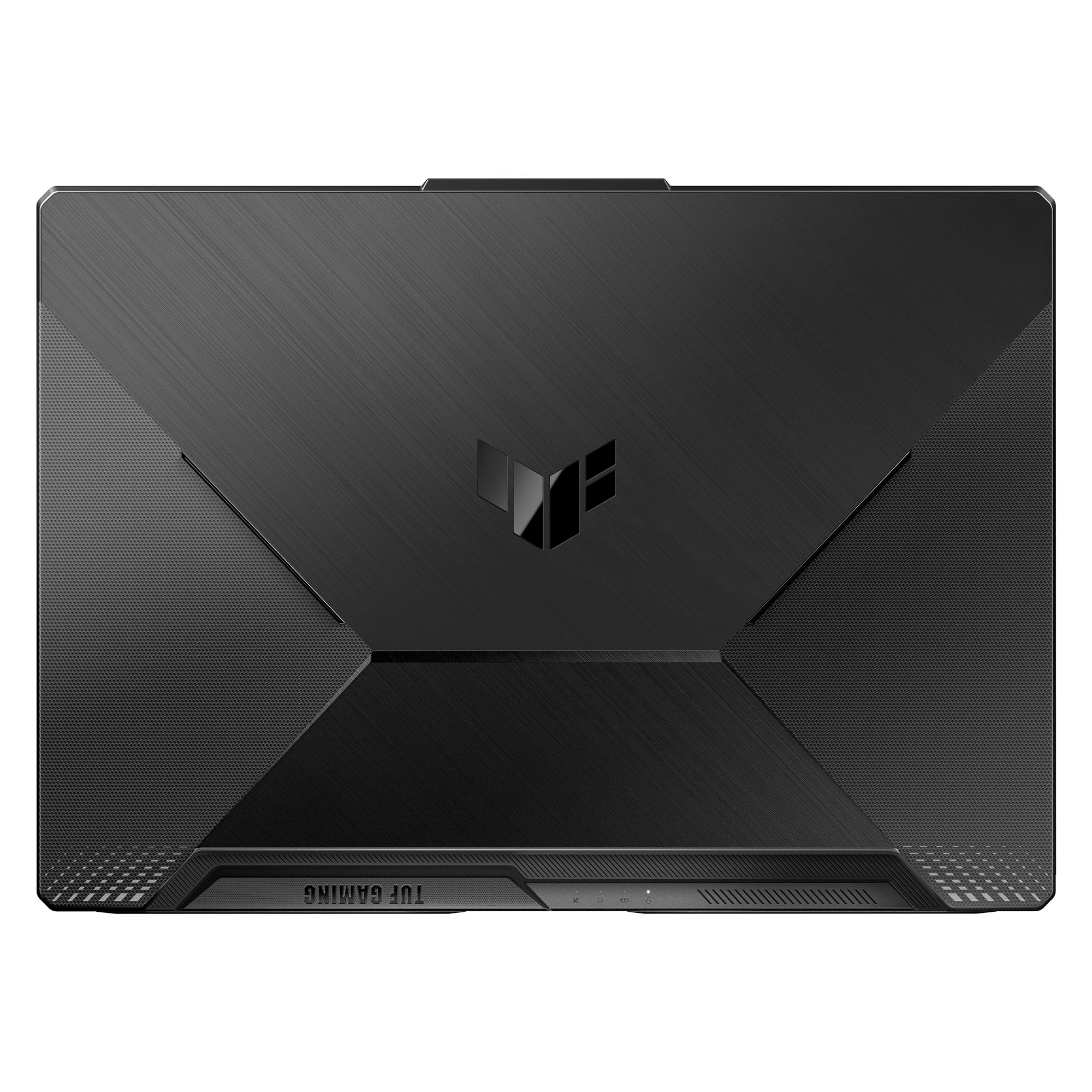 Siyah dizüstü bilgisayar kapağı. Dokulu yüzeye ve ASUS TUF Gaming logosuna sahip. Alt kenarda 'TUF GAMING' yazısı.
