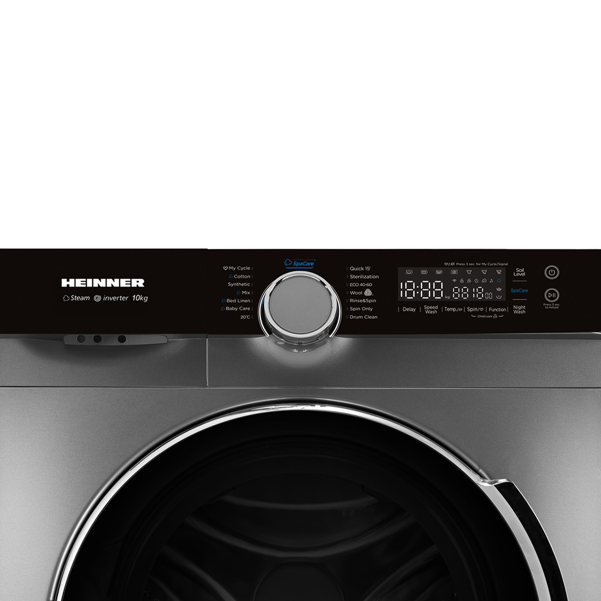 Washing machine with digital display. Features buttons for settings, a dial, and a black door. Brand is HEINNER.