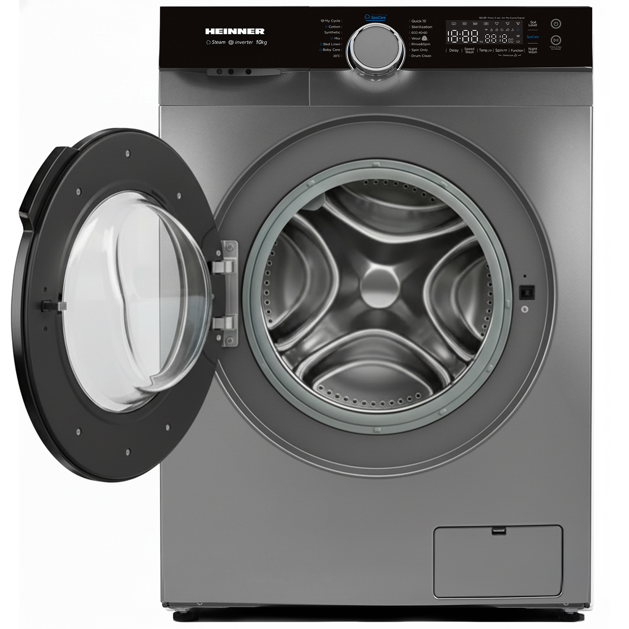 A gray washing machine with the door open, showing the drum. Control panel on top, displays time and settings.