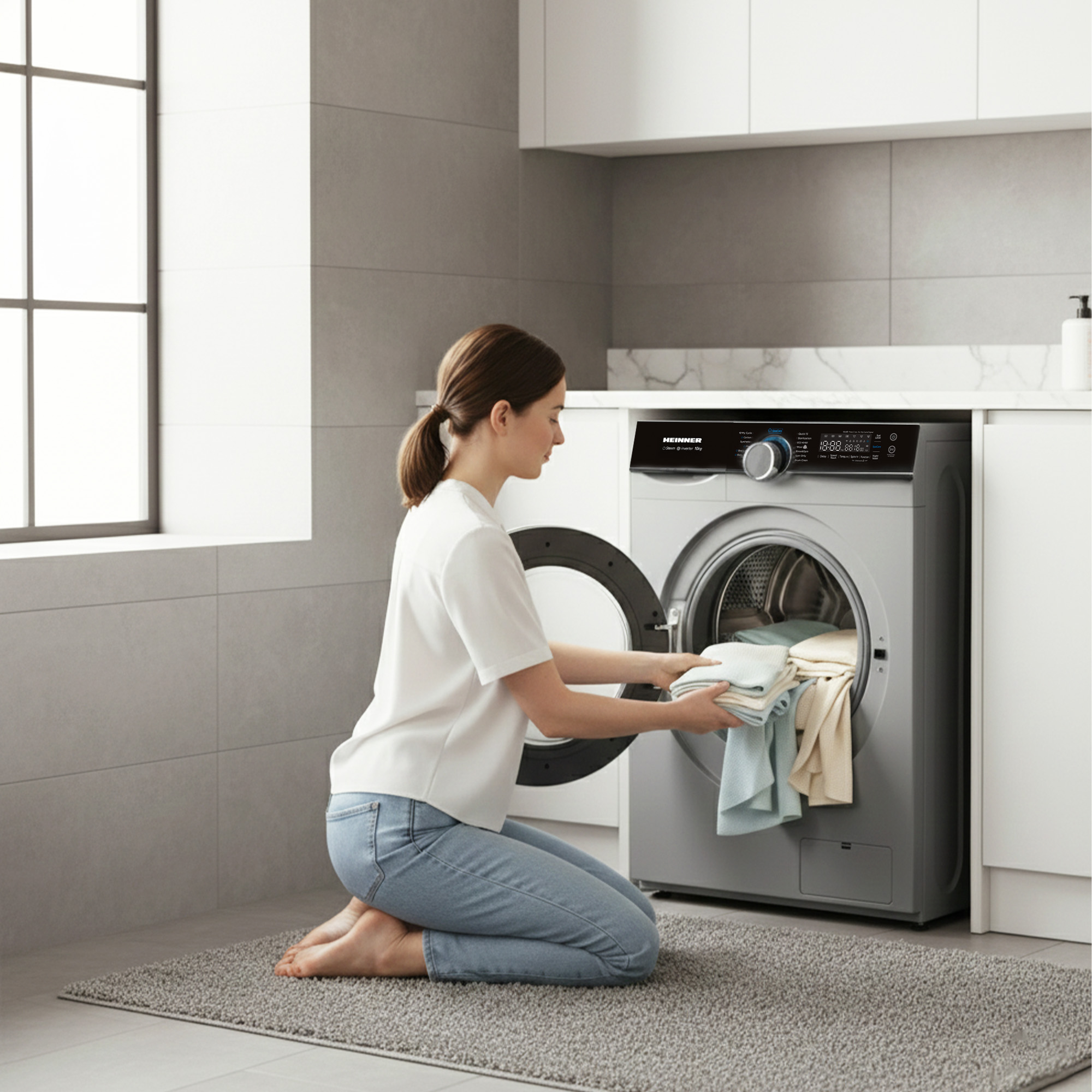 Woman kneeling, loading laundry into a silver washing machine. Light clothes in hand. Gray rug and white cabinets.