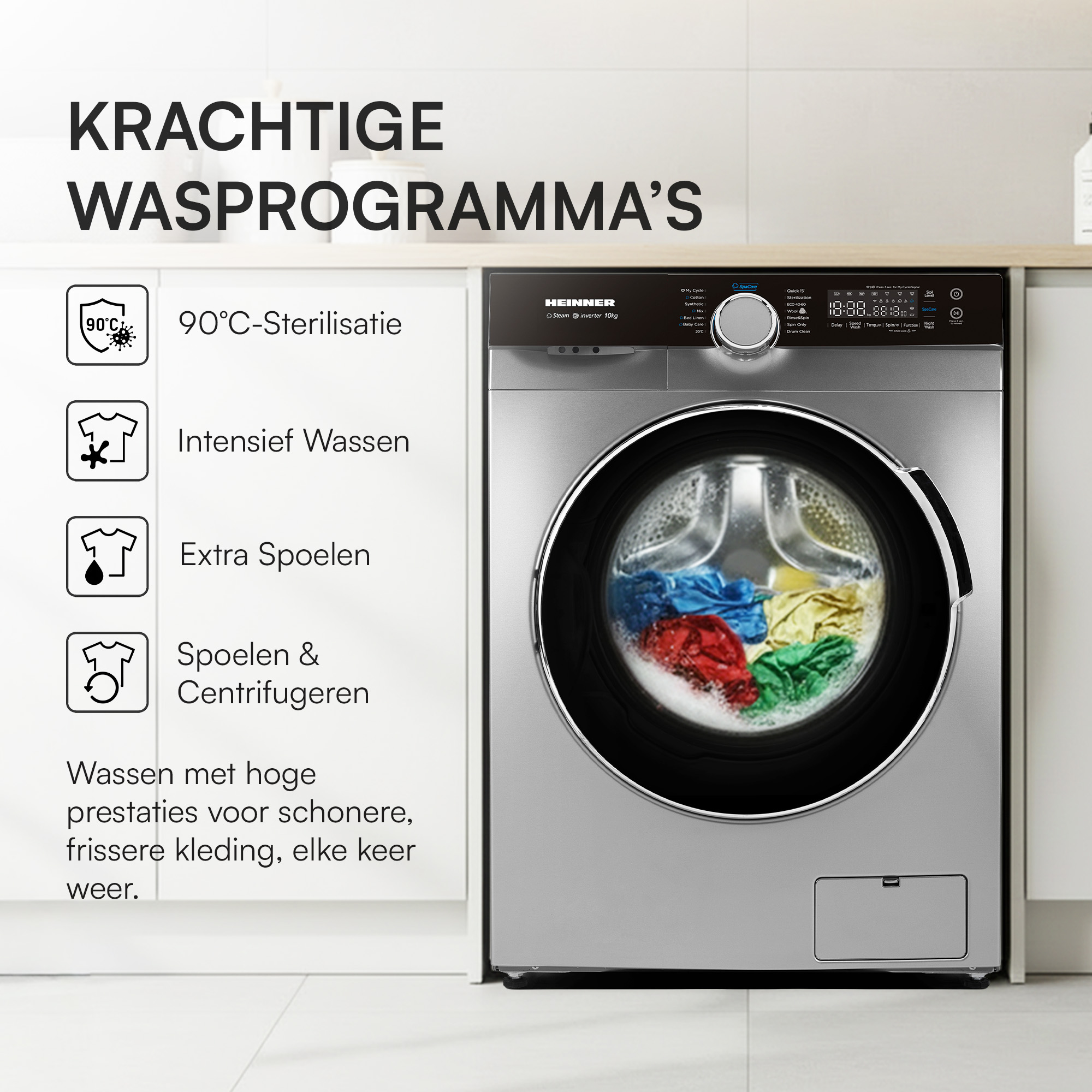 A silver washing machine with a black control panel and a glass door. Inside, colorful clothes are visible.