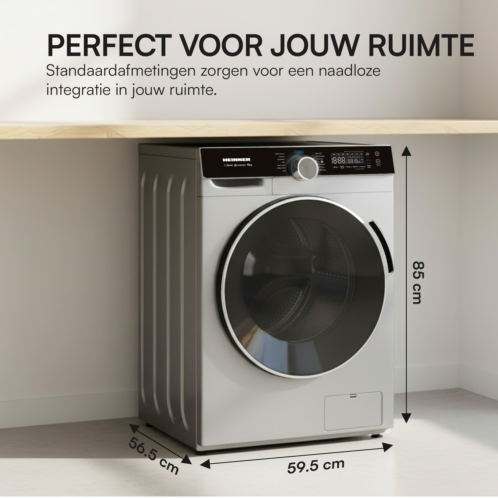 A washing machine is placed under a shelf. Dimensions are displayed. Text: PERFECT VOOR JOUW RUIMTE.