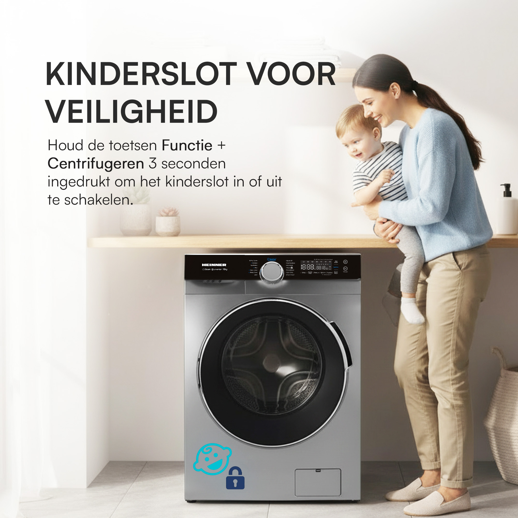 A woman holds a child in front of a washing machine. Text indicates a child safety lock feature.
